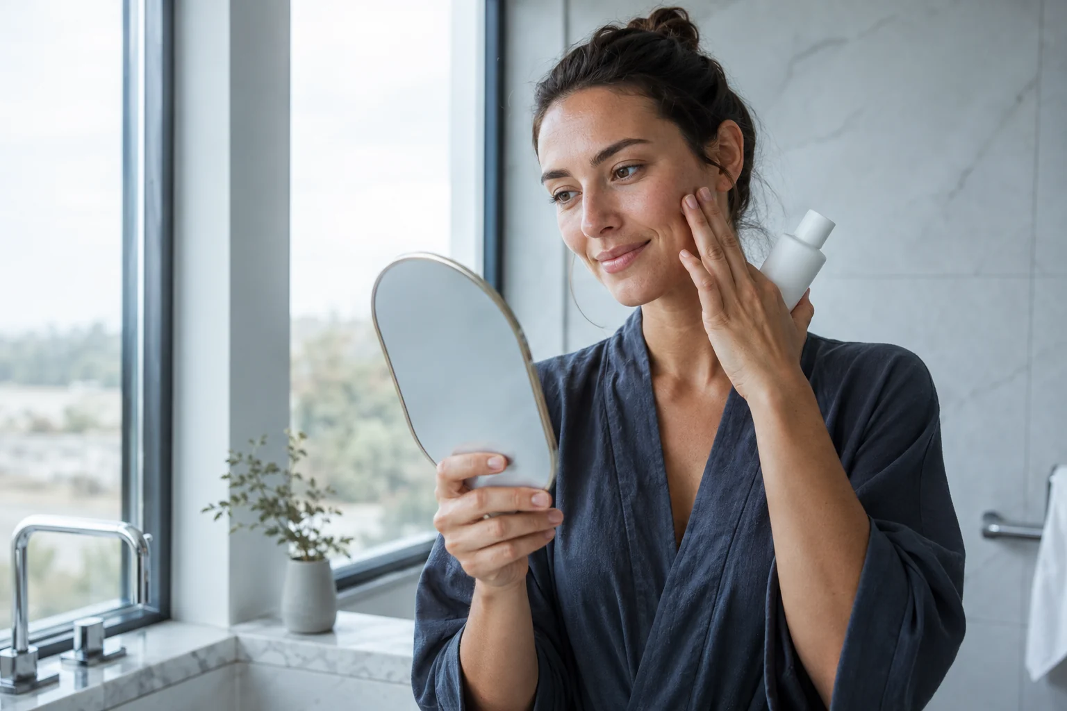 A woman looking closely at her skin in a handheld mirror
