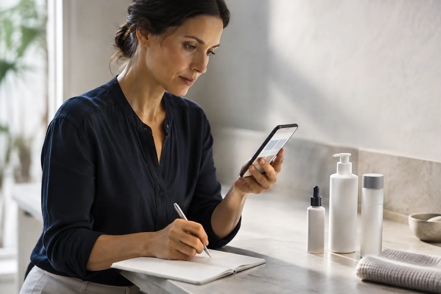 A woman reviewing personal care notes and products