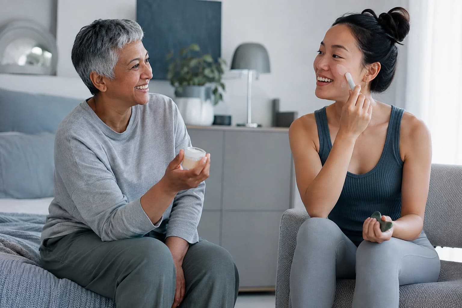 Two generations sharing a comfortable care moment