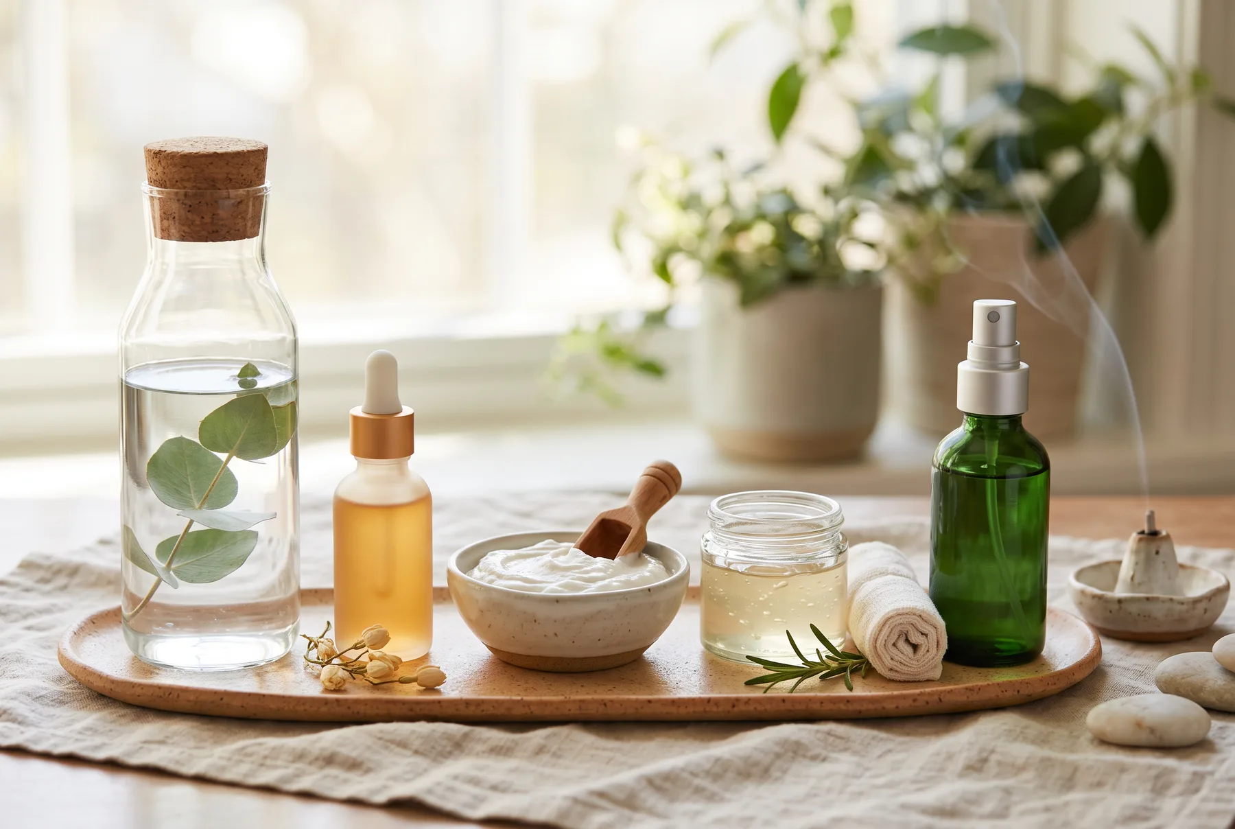 Hands rinsing the face with water at a bathroom sink in soft morning light
