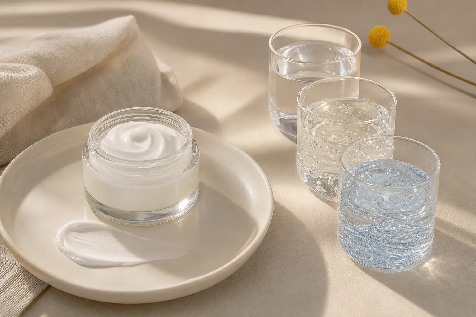 Open jar of white cream on a ceramic plate beside three glasses of clear and pale-colored liquids.