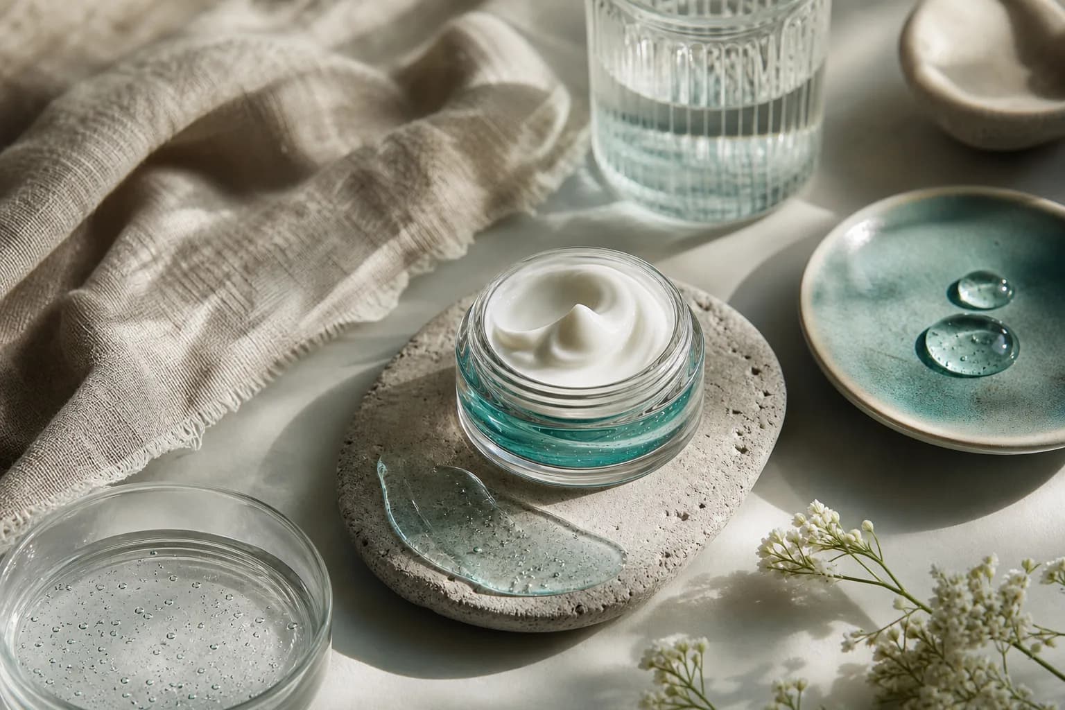 Open turquoise glass jar of cream beside clear gel swatches, water and folded linen.