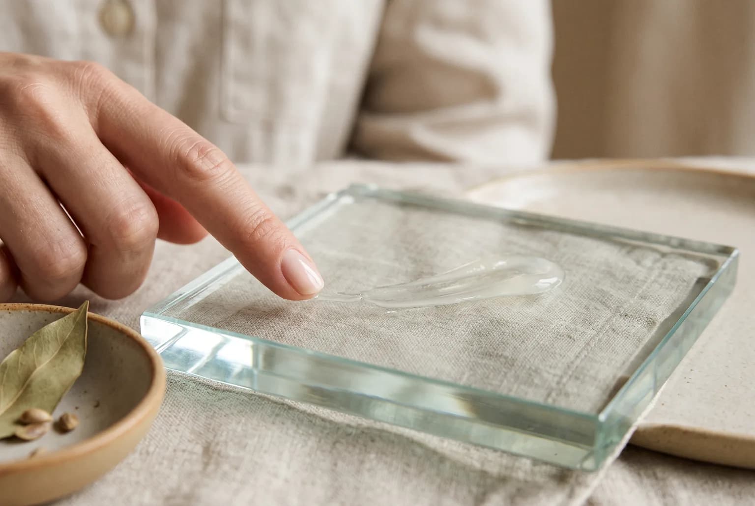 A thin ribbon of translucent skincare gel on a glass palette
