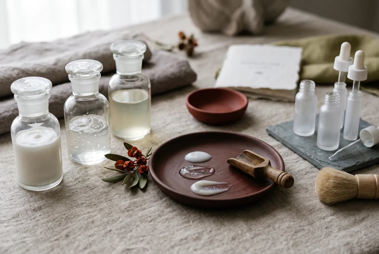 A relaxed morning skincare moment with an unbranded tube held near a window