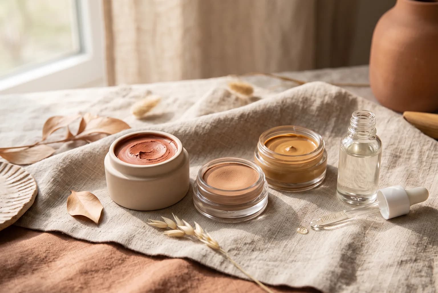 Three cream bronzers with a dropper of oil on linen, warm natural light