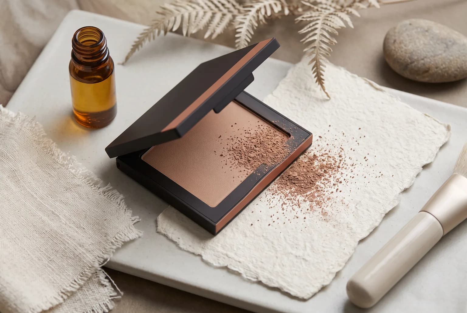 Opened powder bronzer compact with micro-fine powder on paper