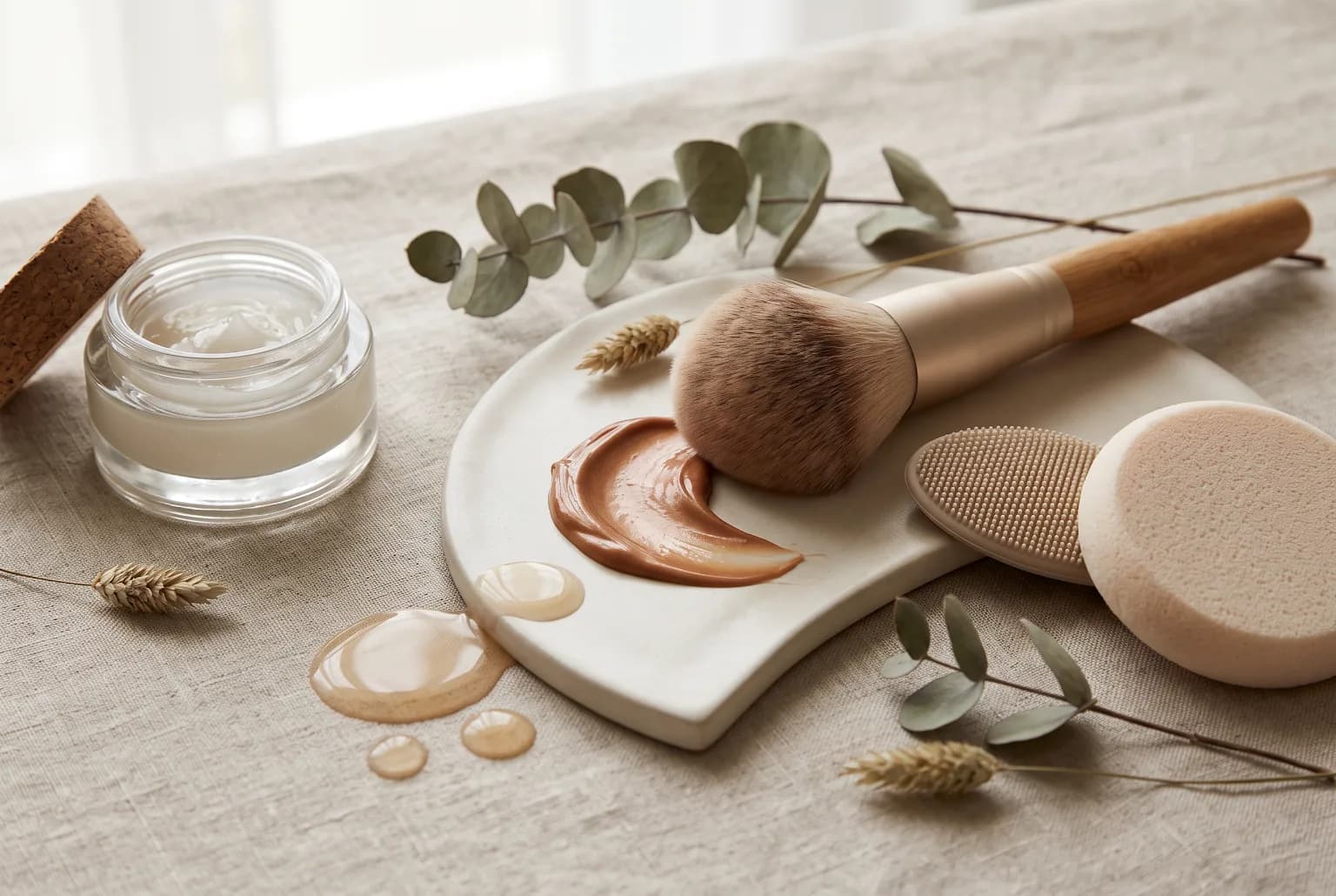 Brush, damp sponge, and mixing palette for cream bronzer application
