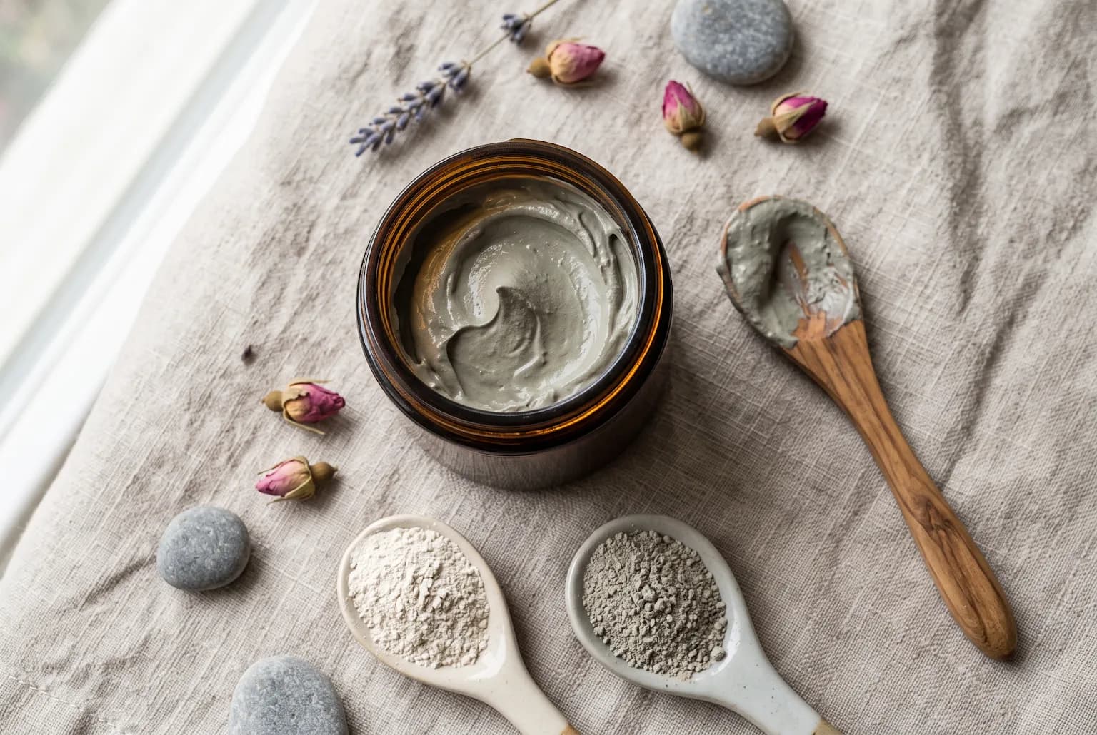 Open jar of clay mask with spoons of powdered clay on linen, soft natural light