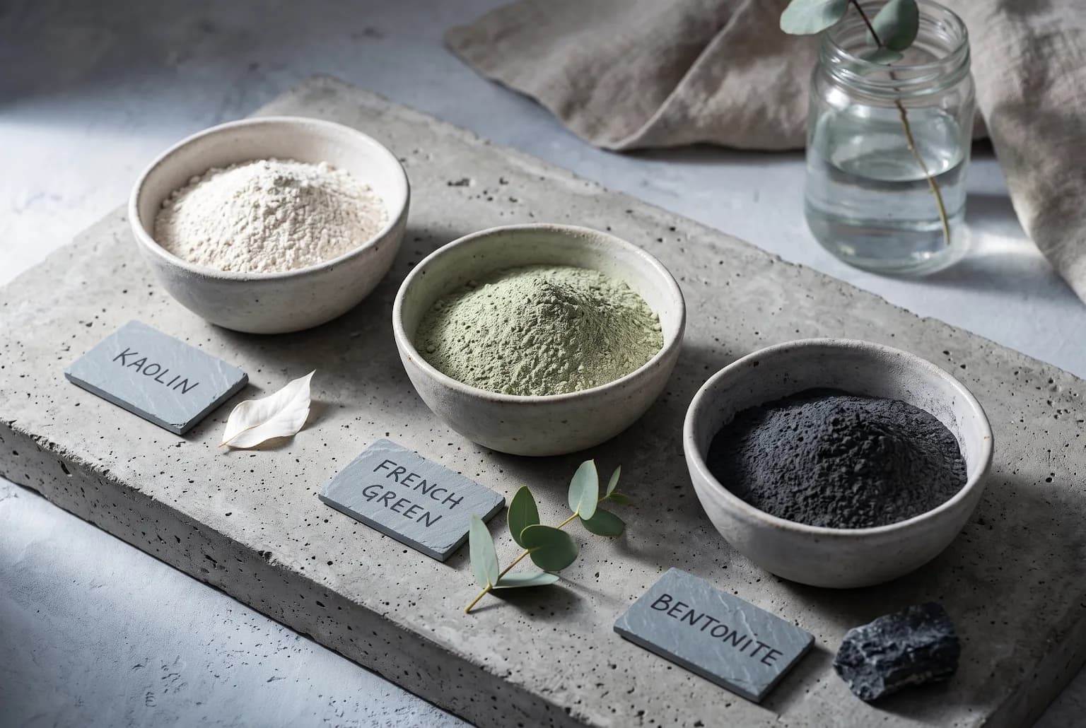 Three bowls of different clay powders—kaolin, green clay, bentonite—on a concrete slab