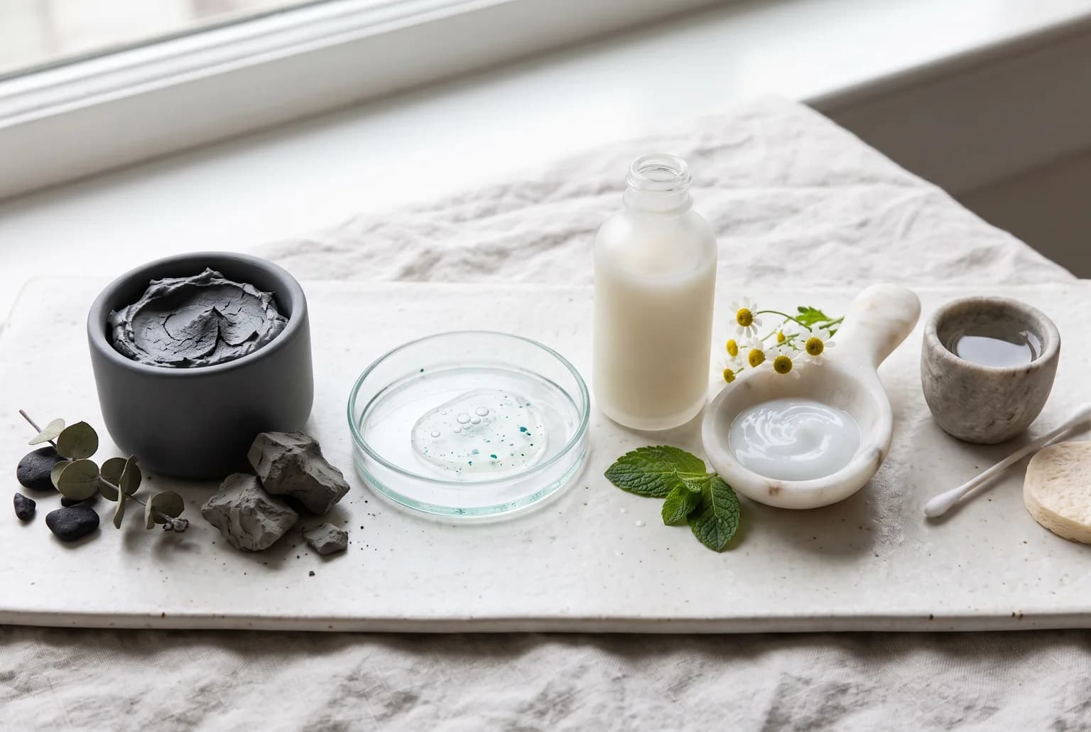 Post-mask hydration products on a small tray with soft morning light