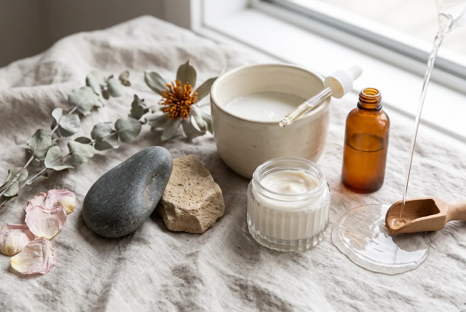 Cream and gel cleanser bottles on a marble tray with dried flowers