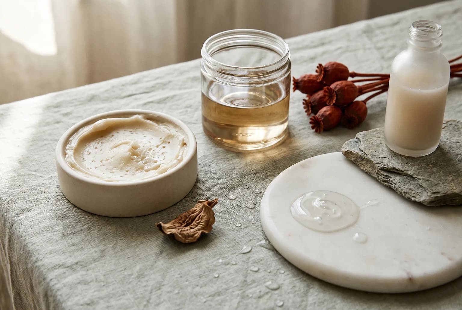 Spoon of cleansing balm on ceramic spatula next to muslin cloth