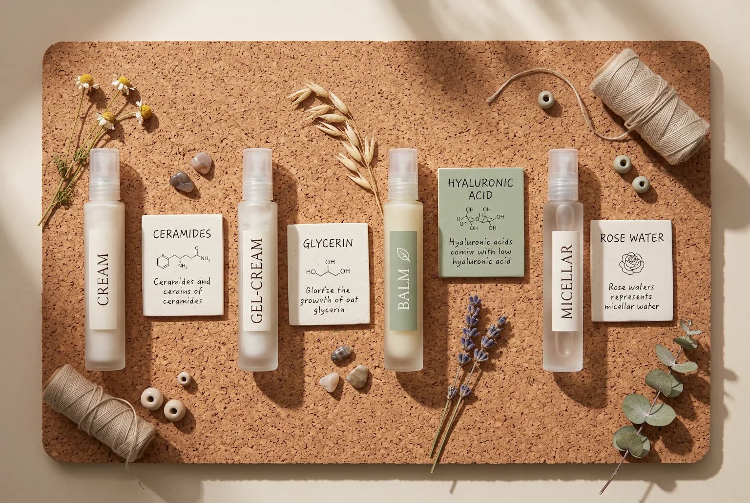 Four cleanser texture samples with ingredient cards