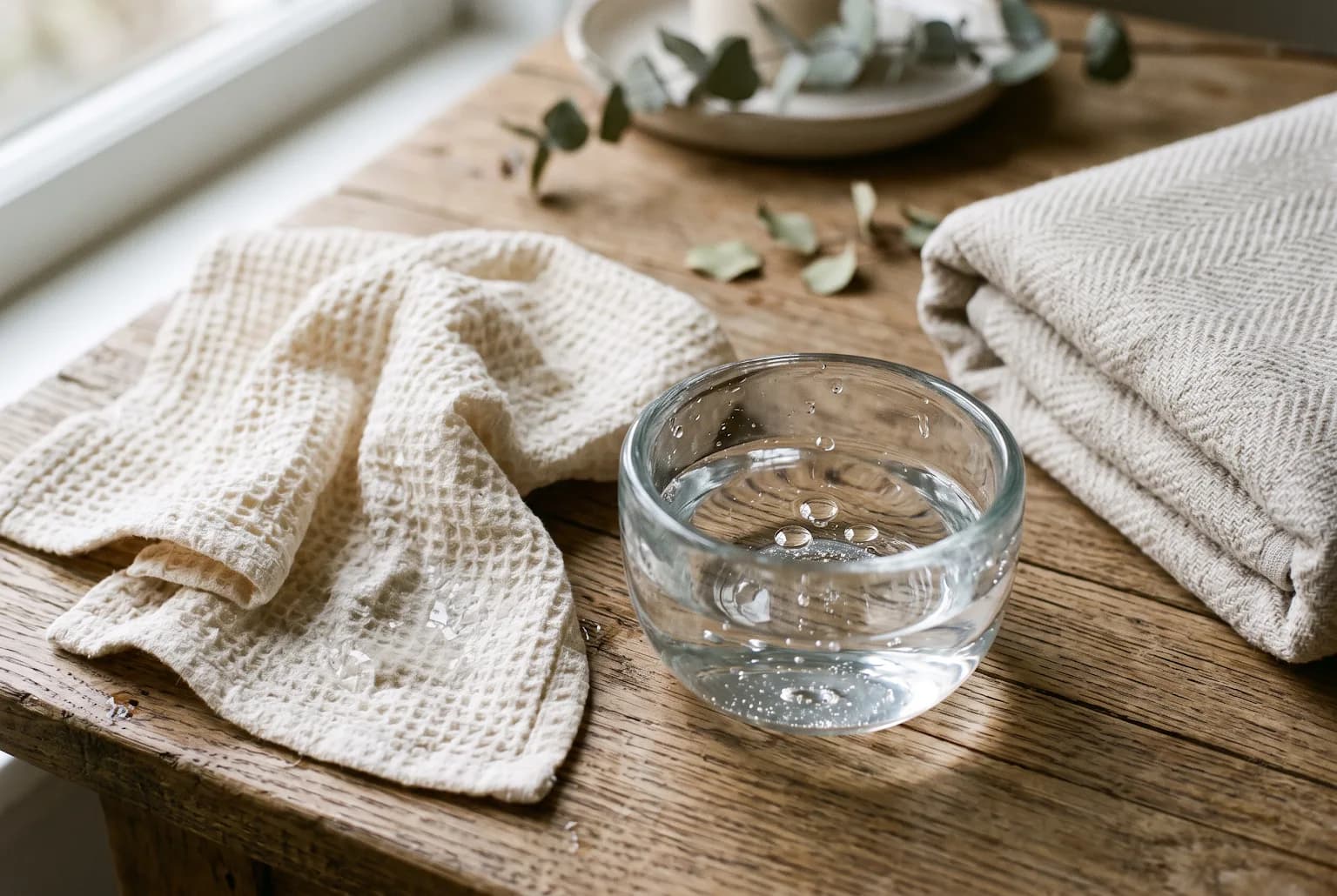Damp cloth and water bowl suggesting gentle rinsing