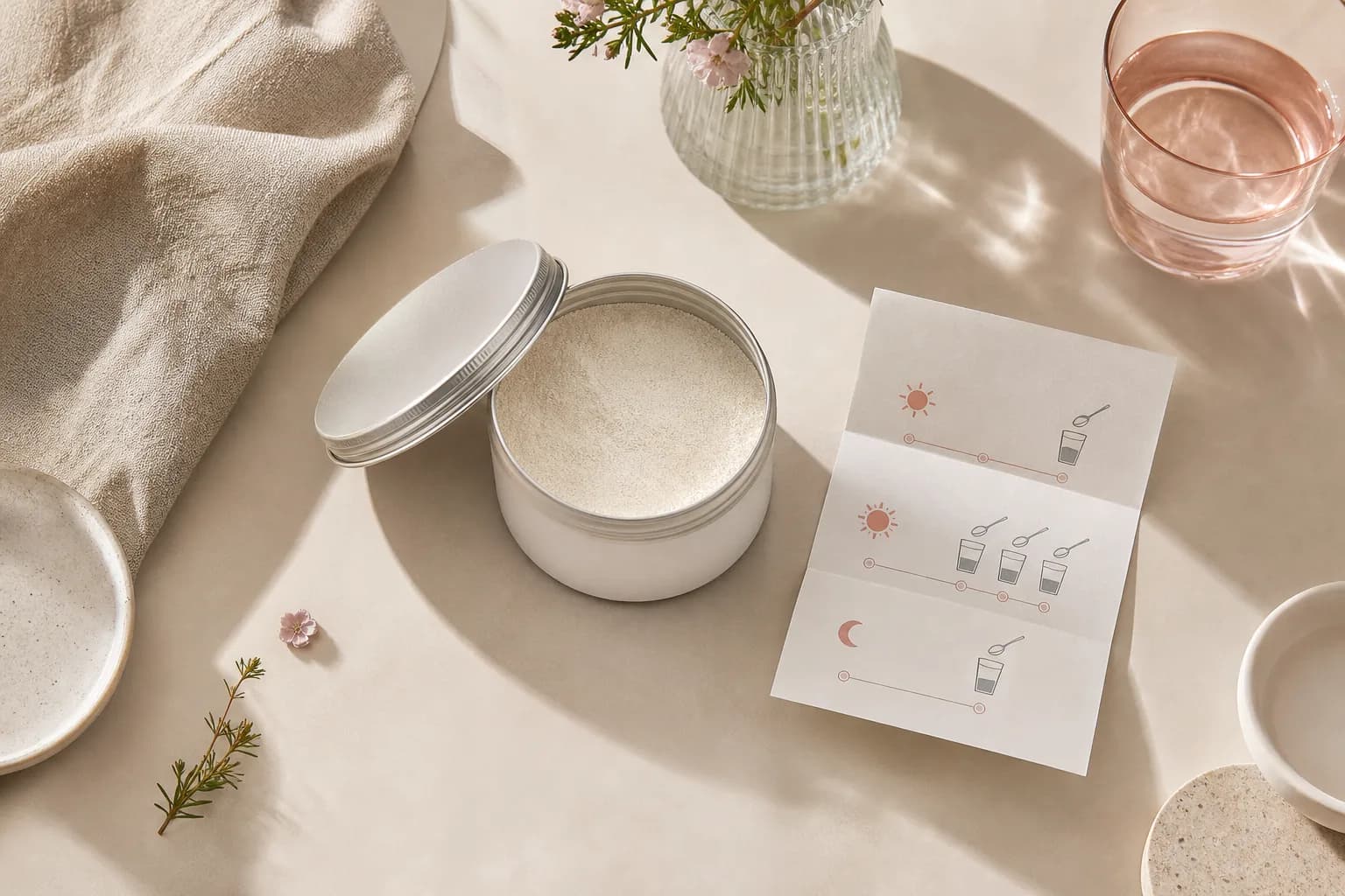 Open tin of pale powder beside three illustrated routine cards and a glass of water.
