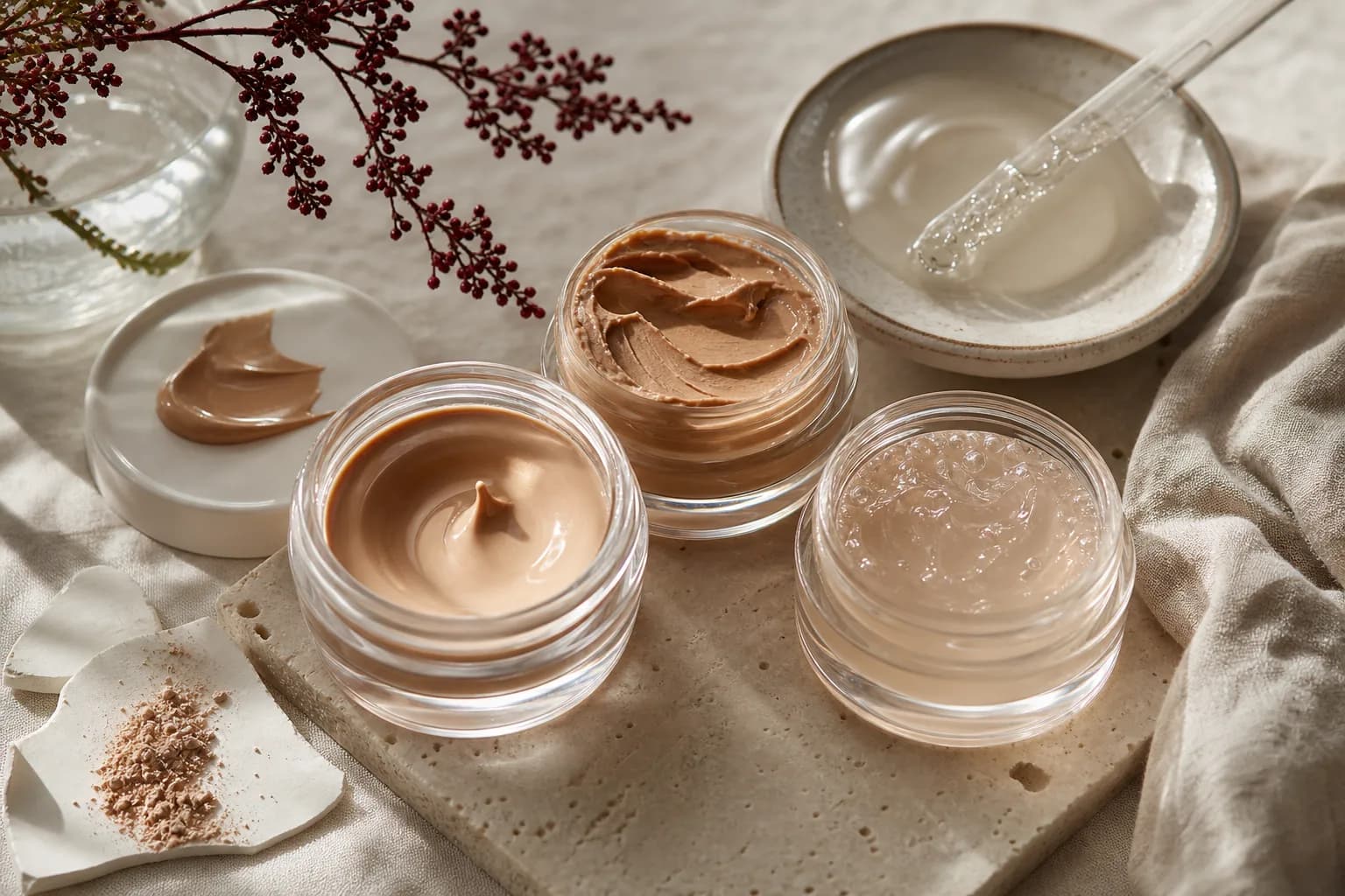 Three open jars containing beige cream, tan cream and clear gel on a stone tray.