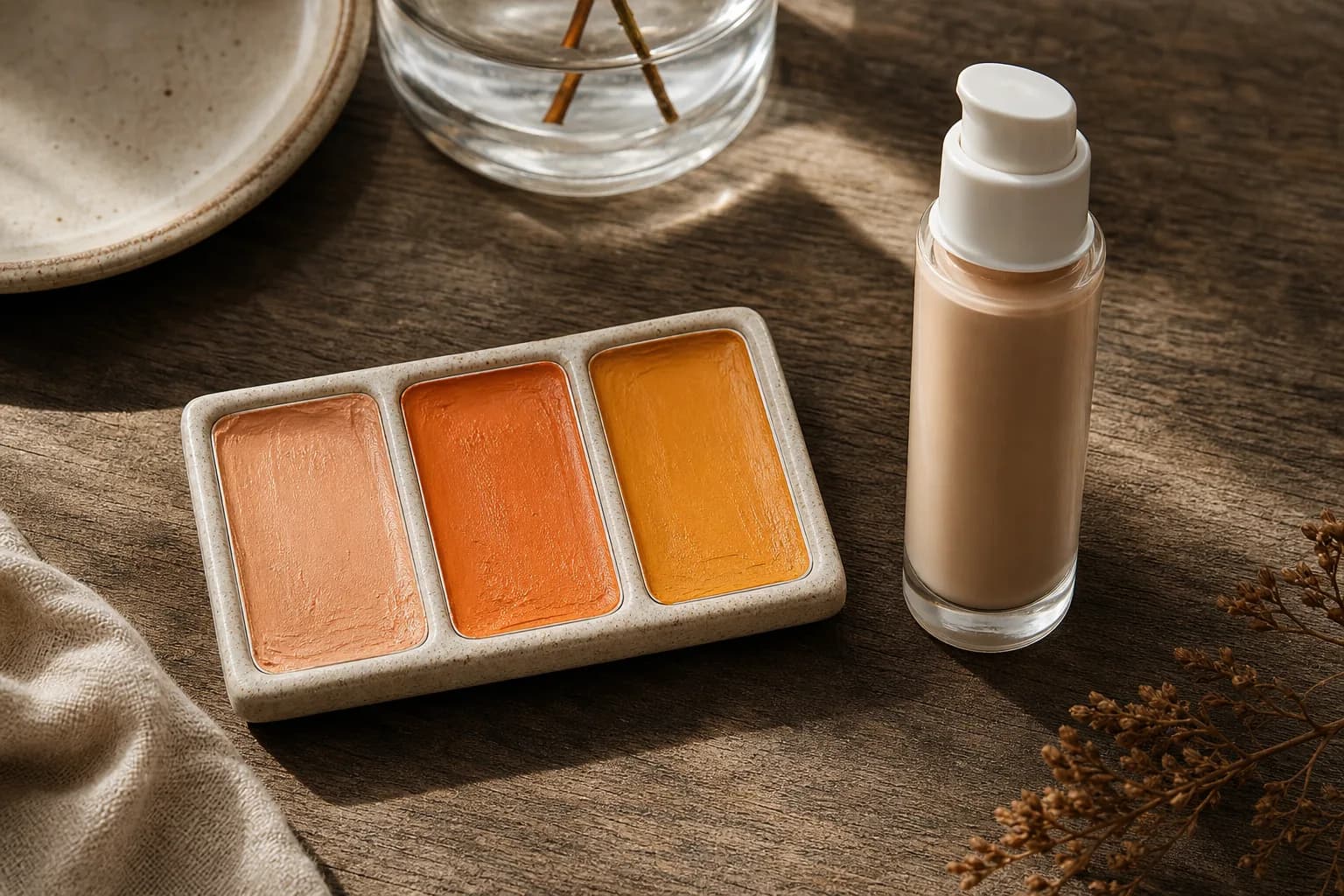 Peach and orange makeup palette beside an unlabelled bottle of skin-toned liquid.