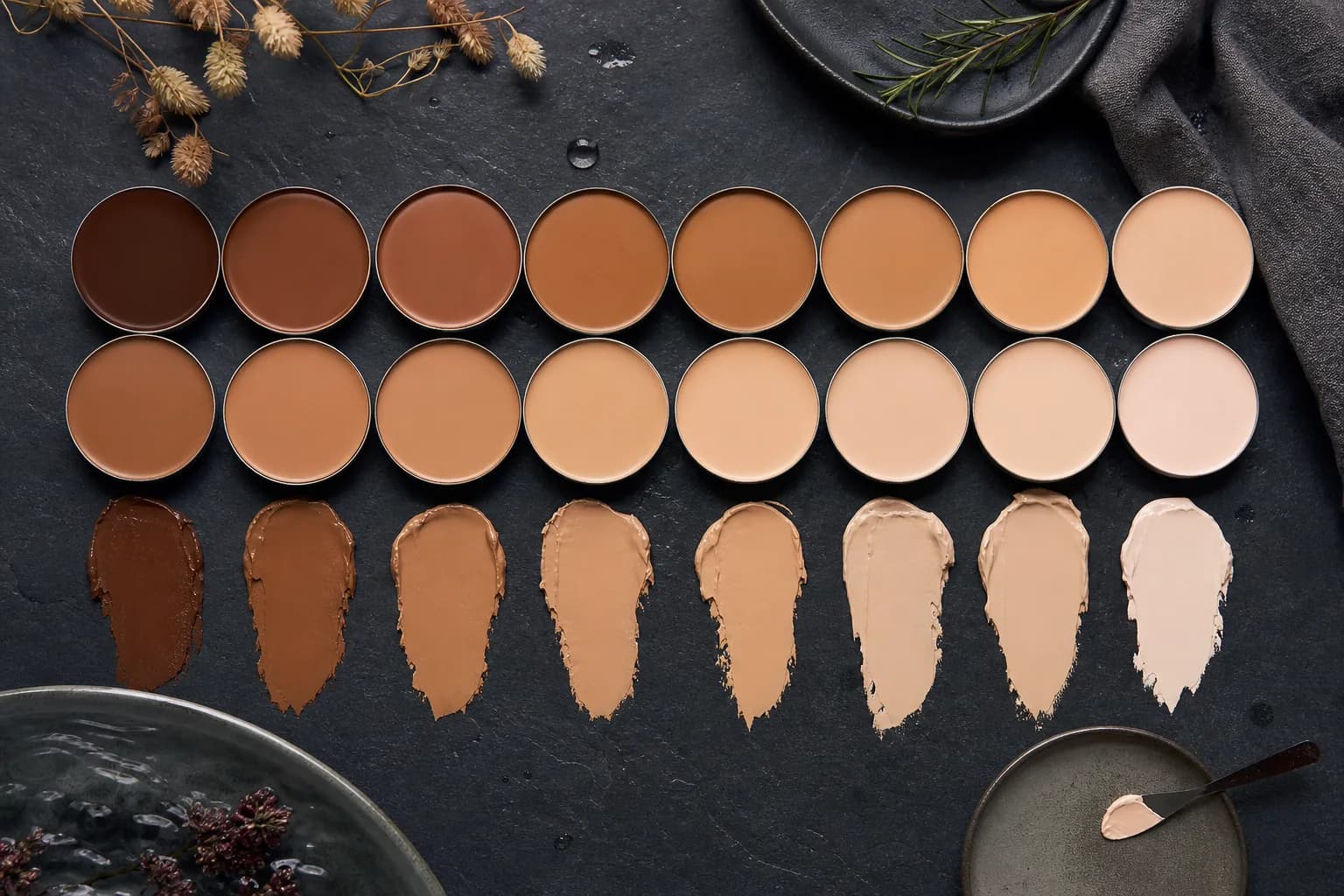 Rows of skin-toned makeup pans and matching swatches arranged on dark stone.