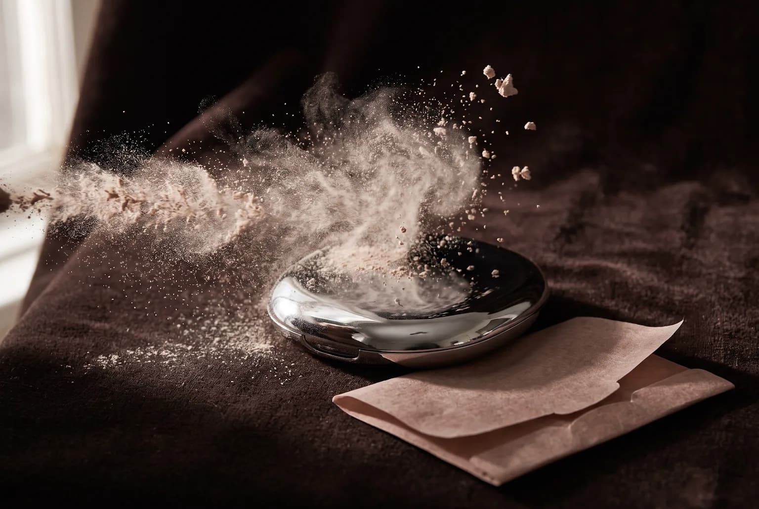 Loose setting powder and blotting paper in a dramatic beauty editorial still life