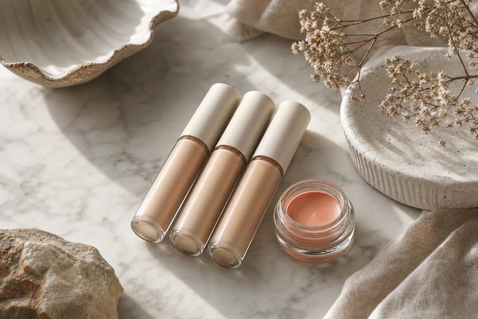 Three concealer tubes and a jar of peach color corrector on marble, soft warm light