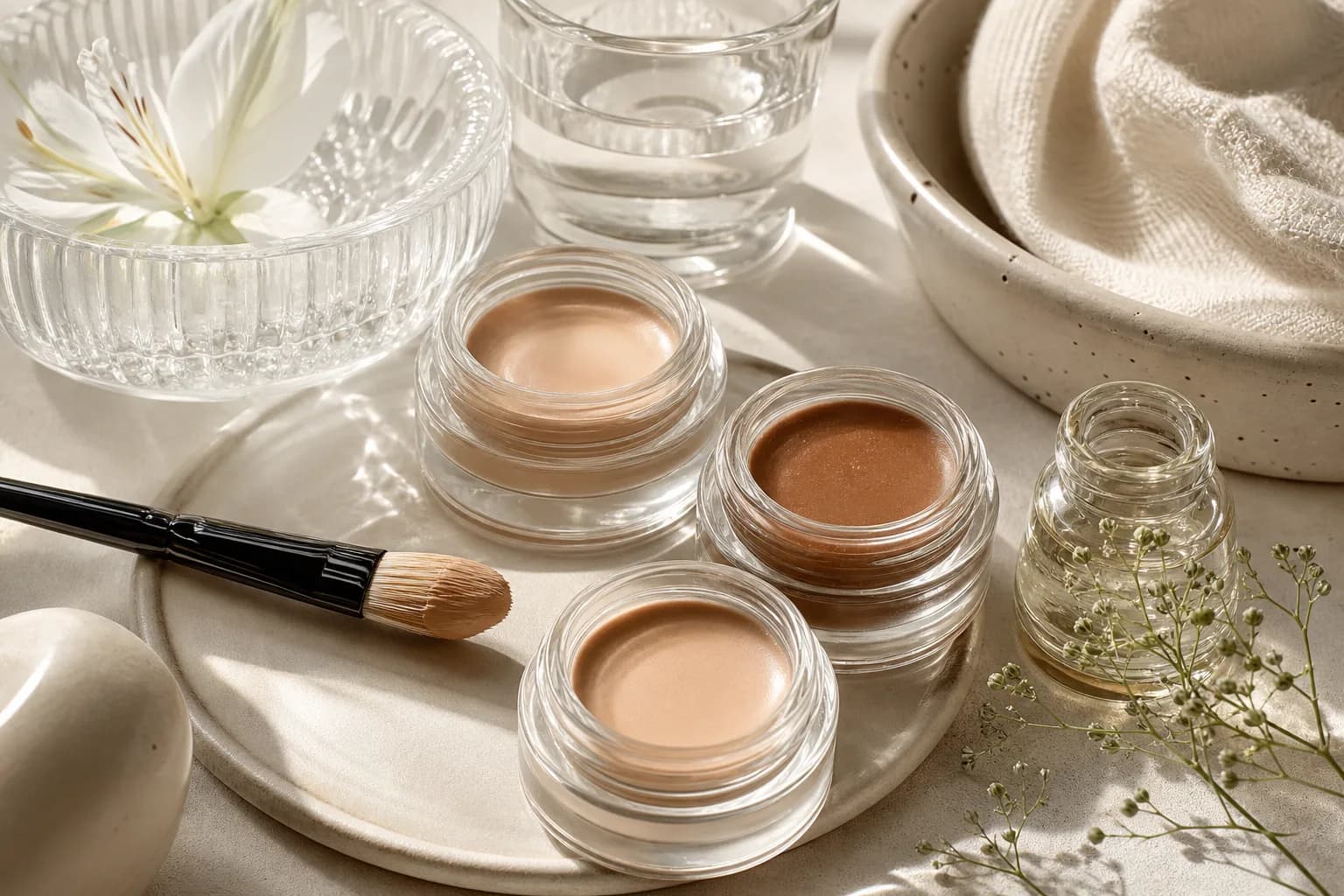 Dab of satin-finish concealer on glass tile showing texture and sheen