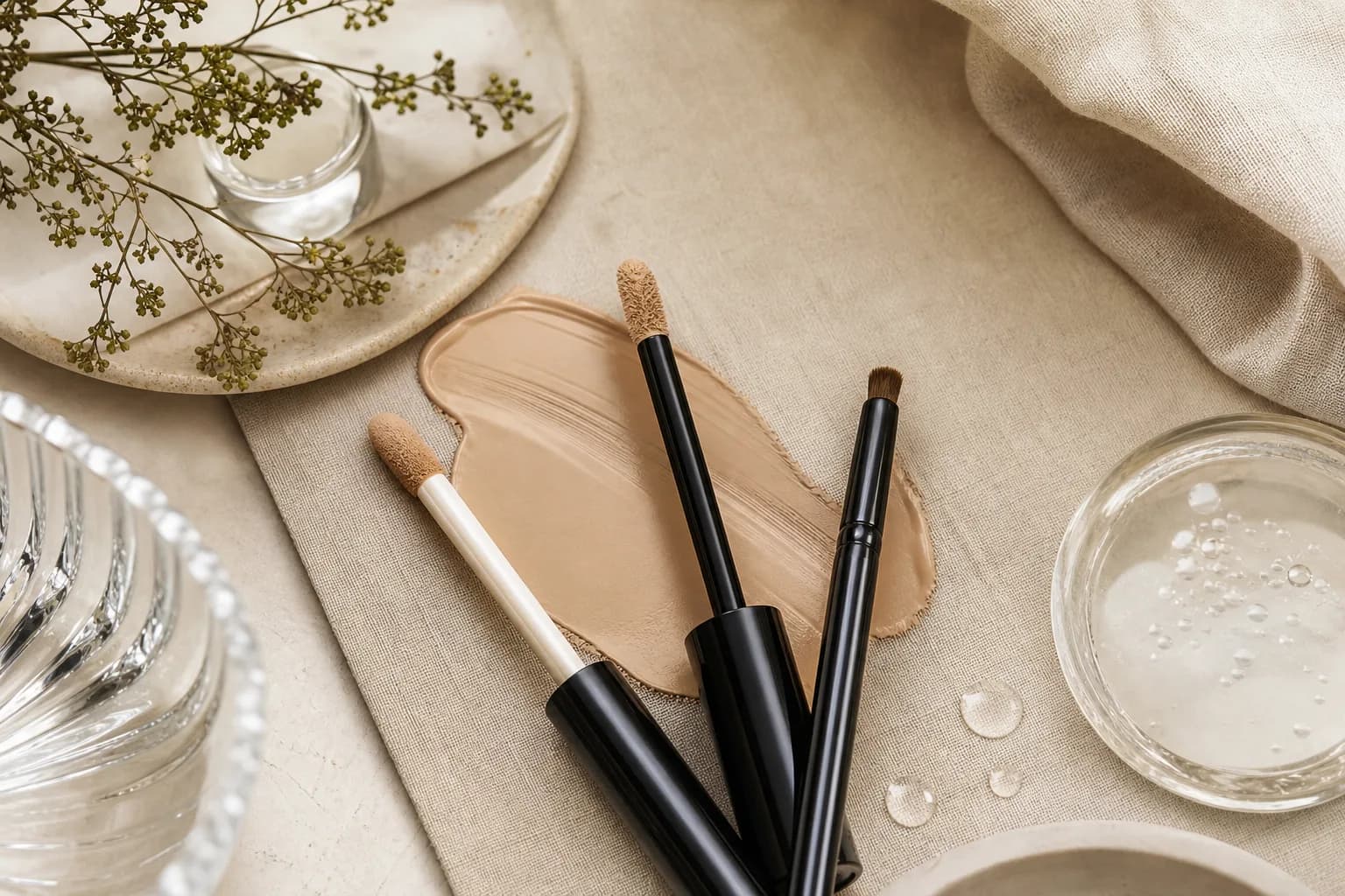 Three concealer applicators on linen showing tool variety