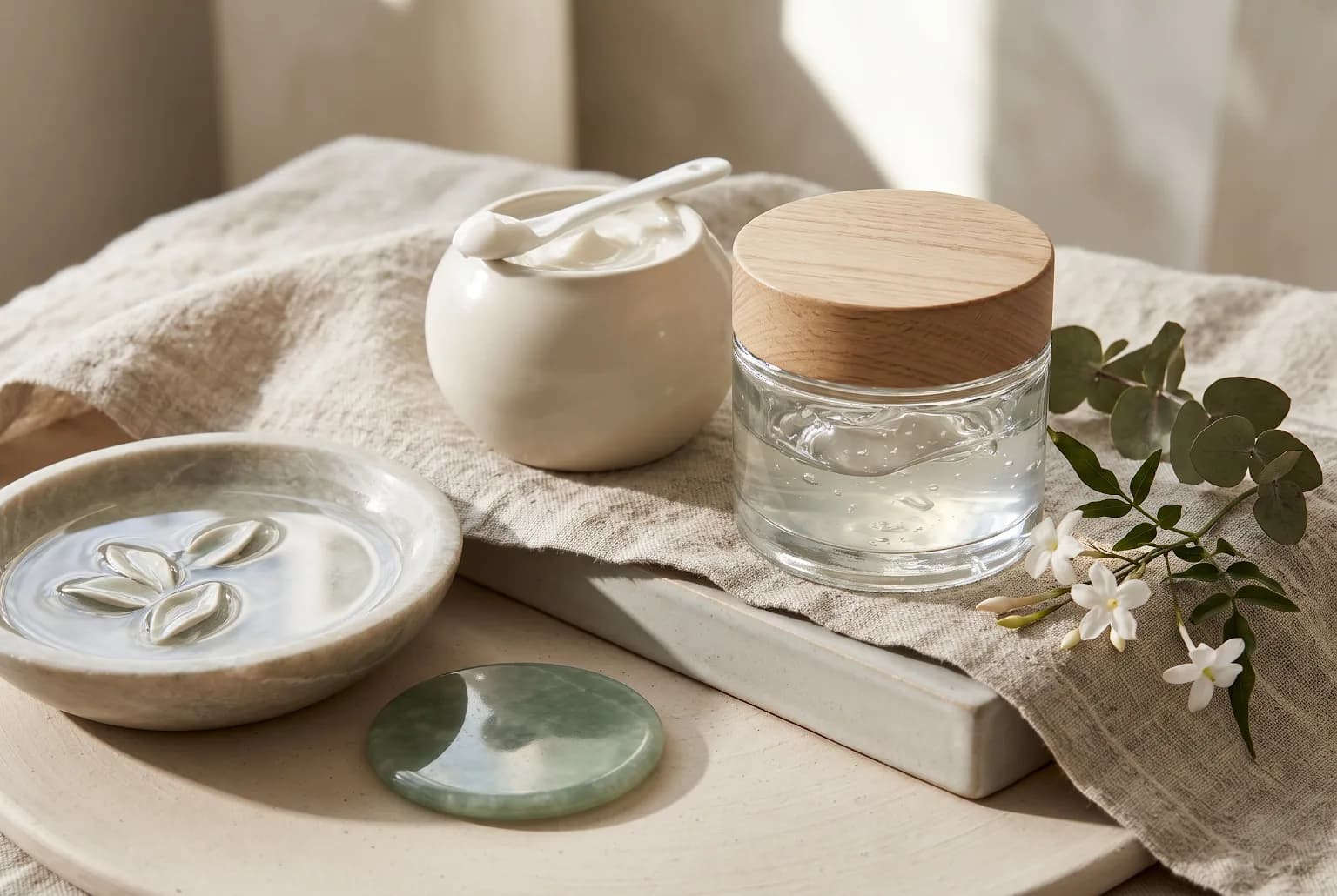 Three unbranded daytime moisturizer containers on a warm stone slab with soft window light