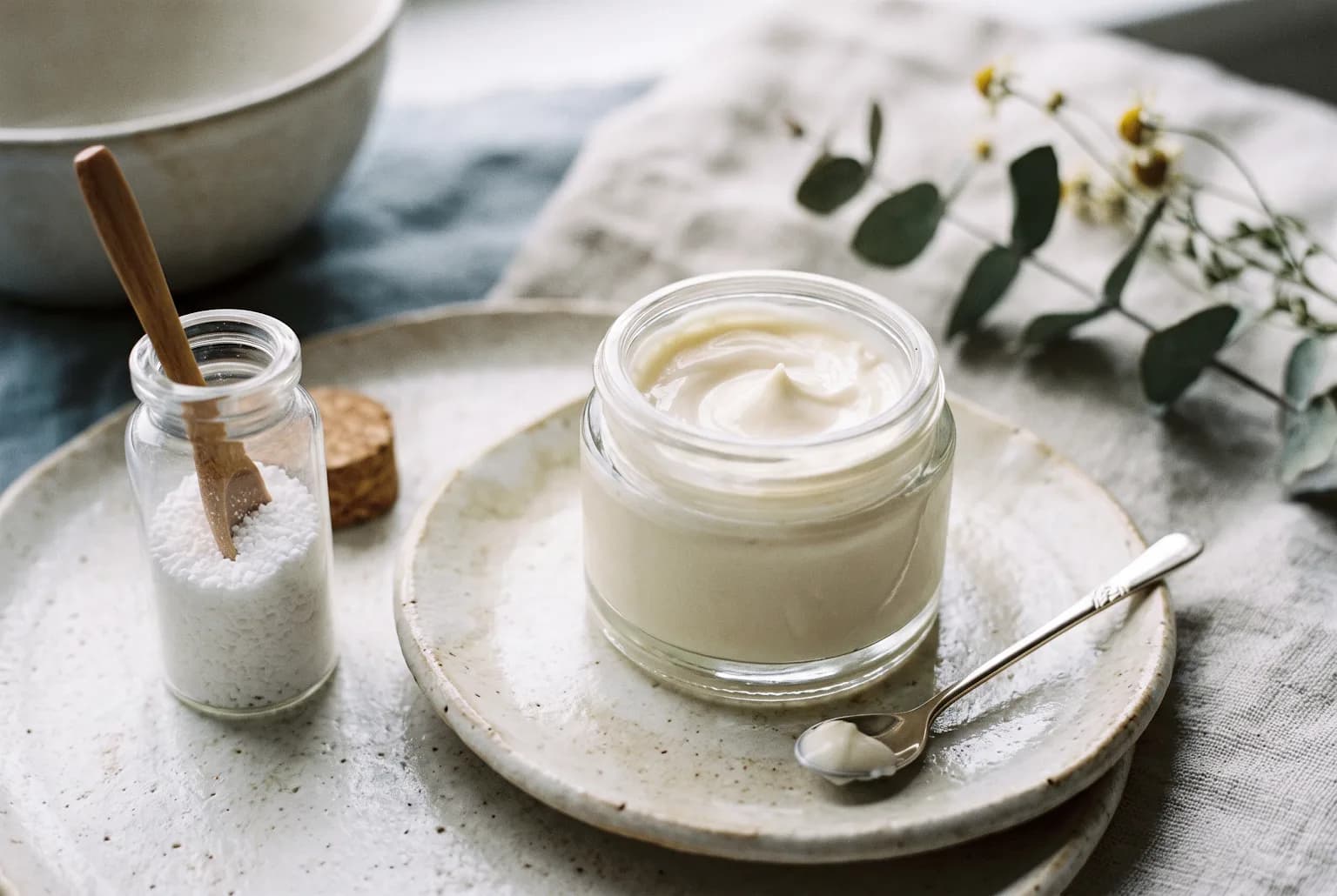 Open jar showing cream texture beside a small spoon and hyaluronic acid vial