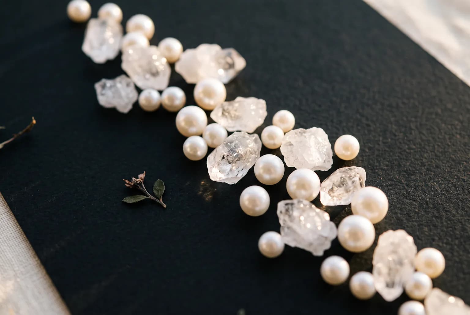 Macro composition of small crystals and pearls representing peptides and antioxidants