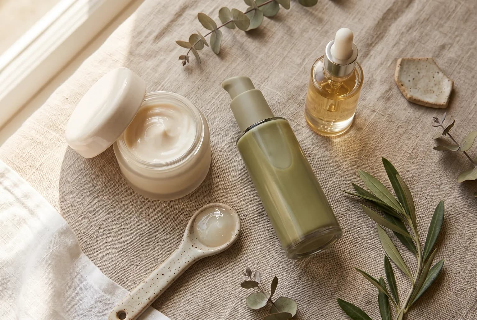 Flat-lay of cream jar, pump bottle, and vial with petrolatum on linen