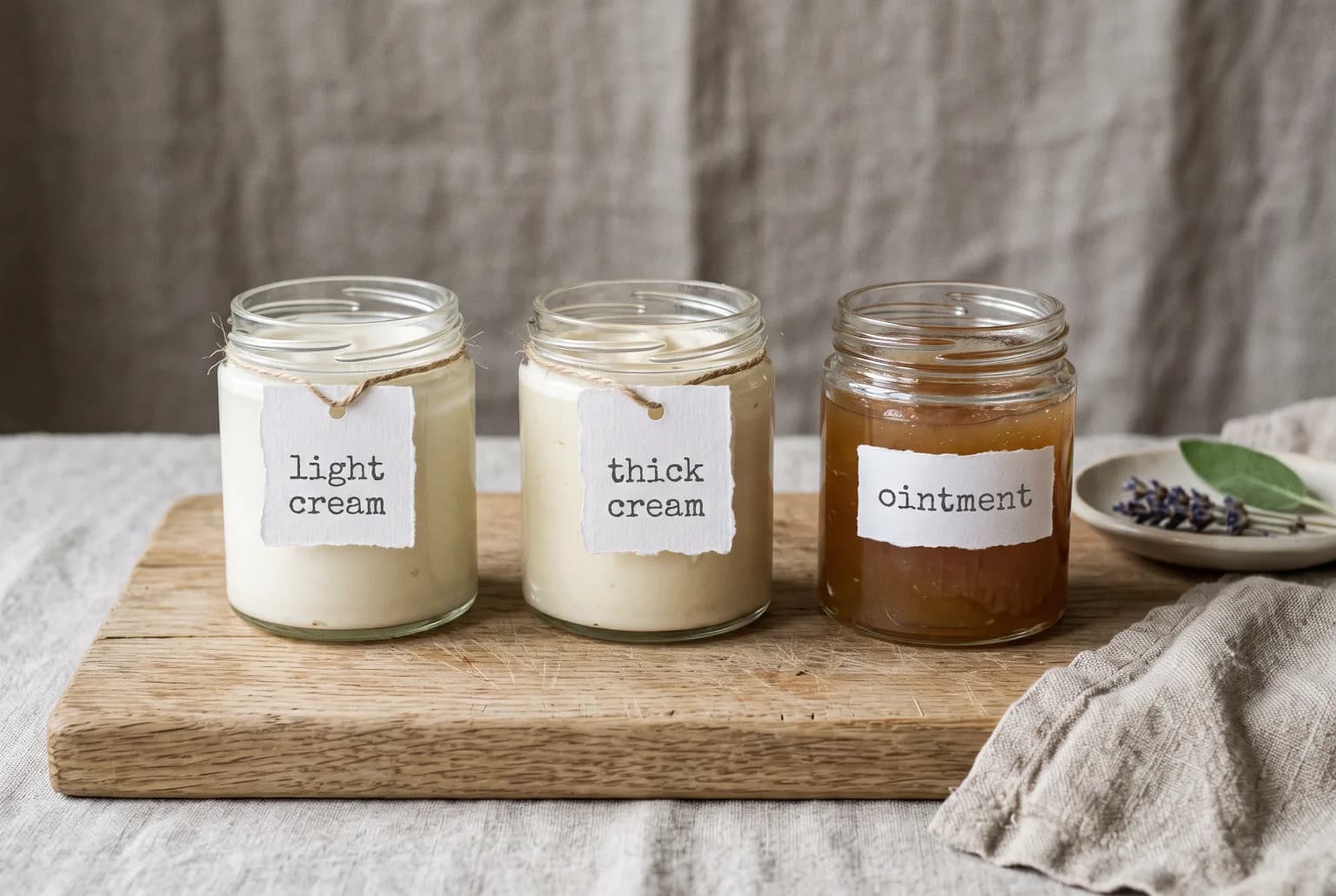 Three unlabeled jars showing cream textures arranged on wood