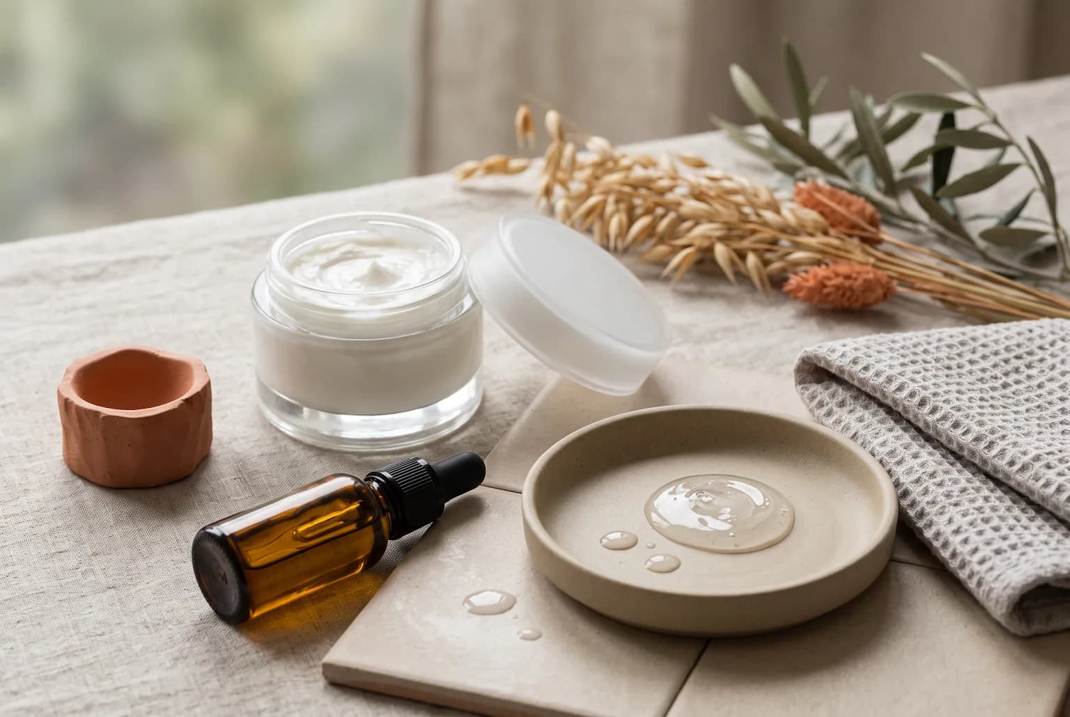 Bathroom shelf with cleanser pump, towel, and balms