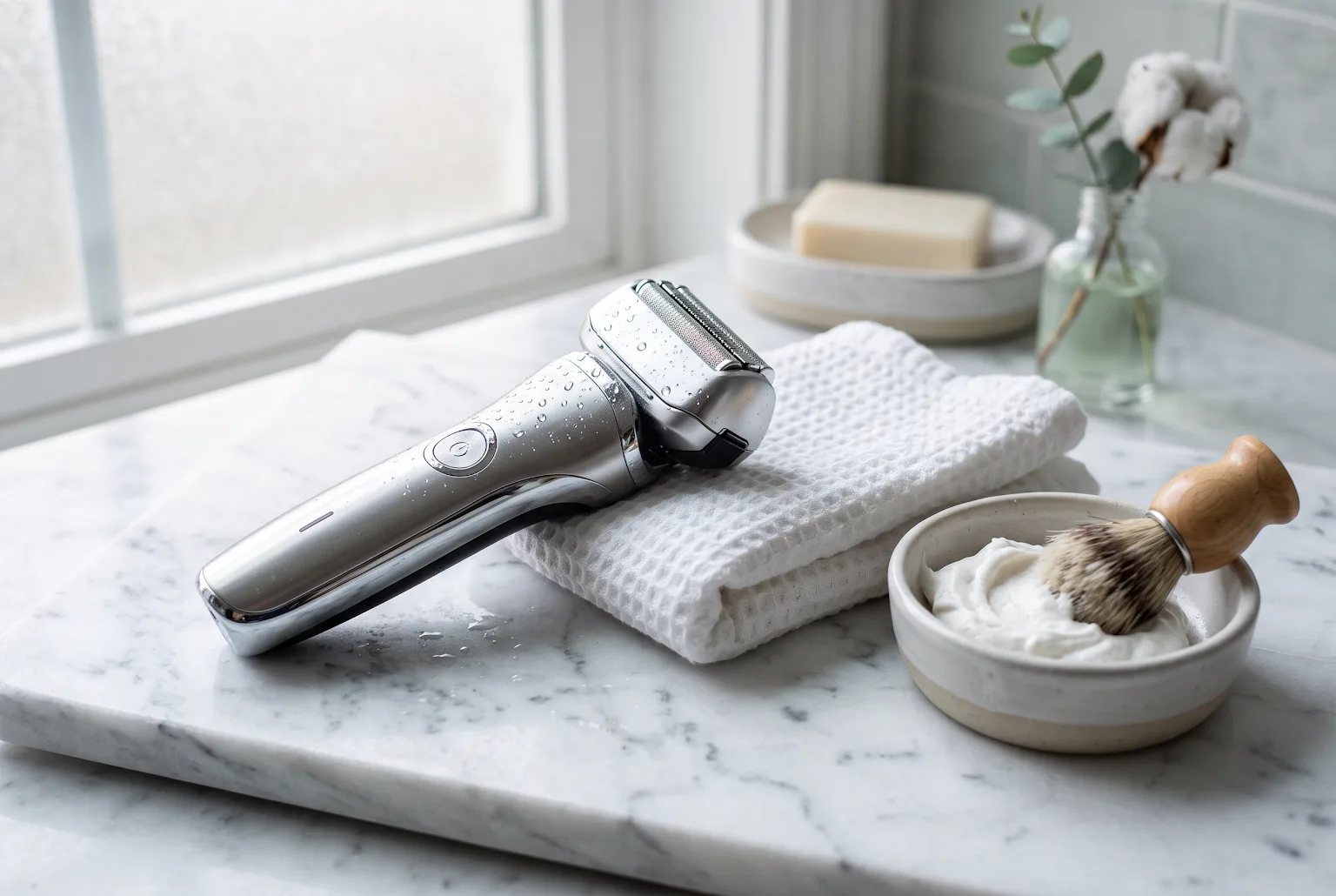 Sleek foil electric shaver on marble with towel and water droplets