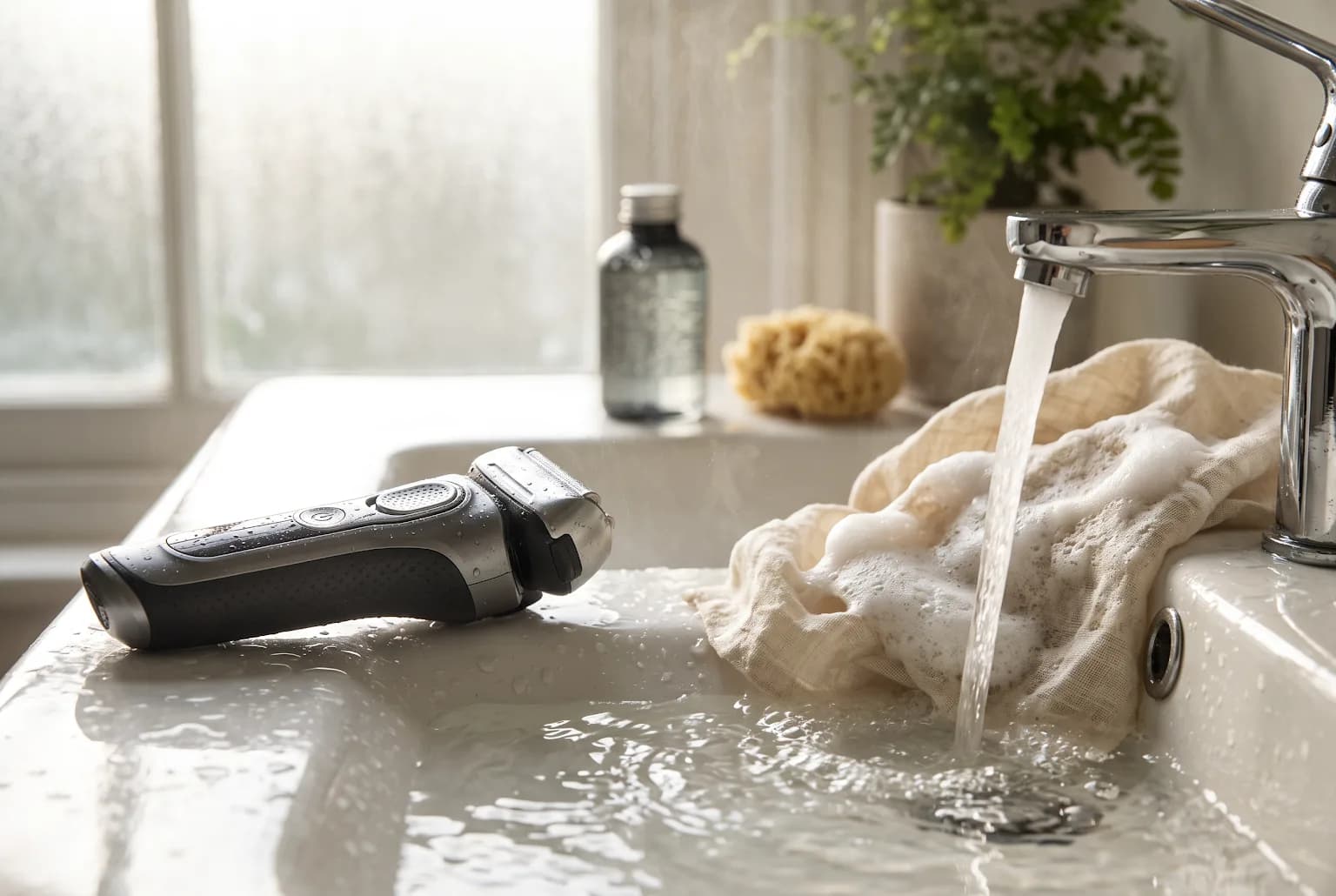 Wet/dry shaver beside faucet and lathered cloth at sink
