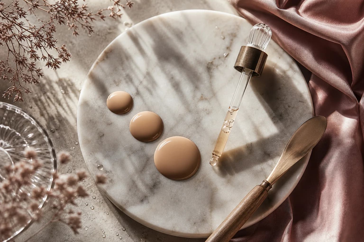 Marble tray with three drops of foundation, silk scarf and pipette—still life editorial