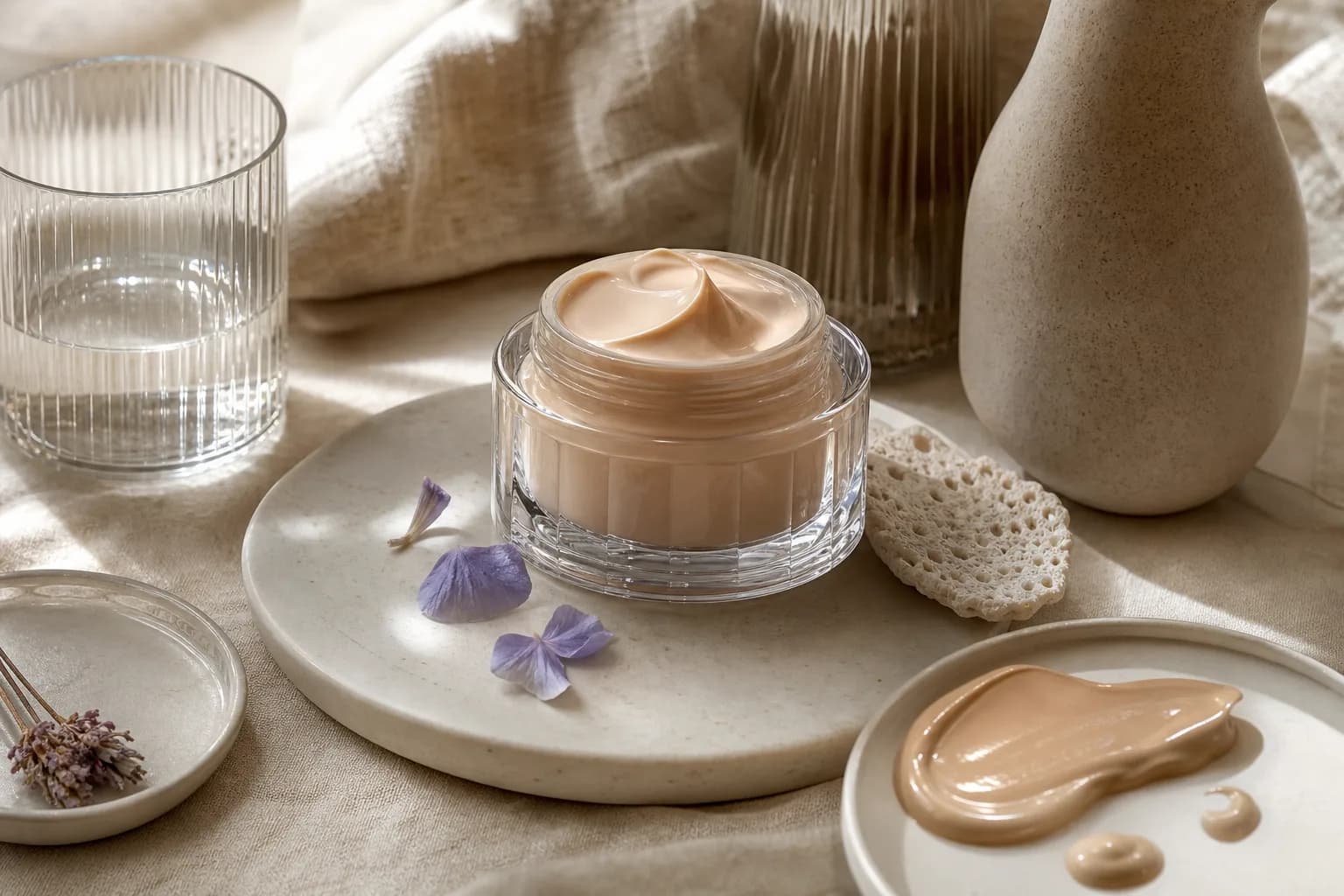 Close-up of luminous versus matte foundation textures in glass dishes