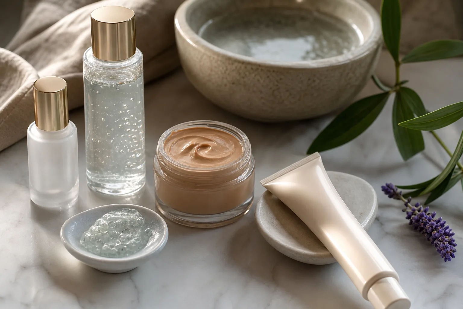 Flat-lay: pipette, damp sponge, domed brush and towel for application routine