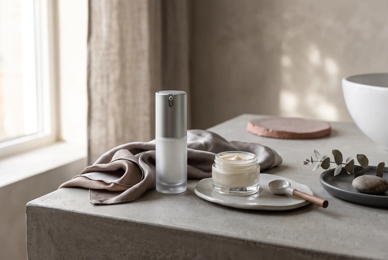 Elegant still life: airless eye cream bottle and open jar on a ceramic tray with silk cloth