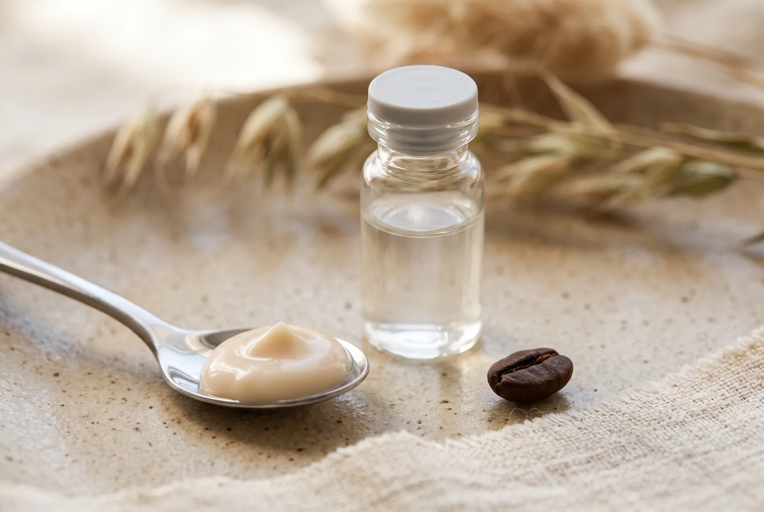 Close-up of a spoonful of silky eye cream next to a small vial and a coffee bean