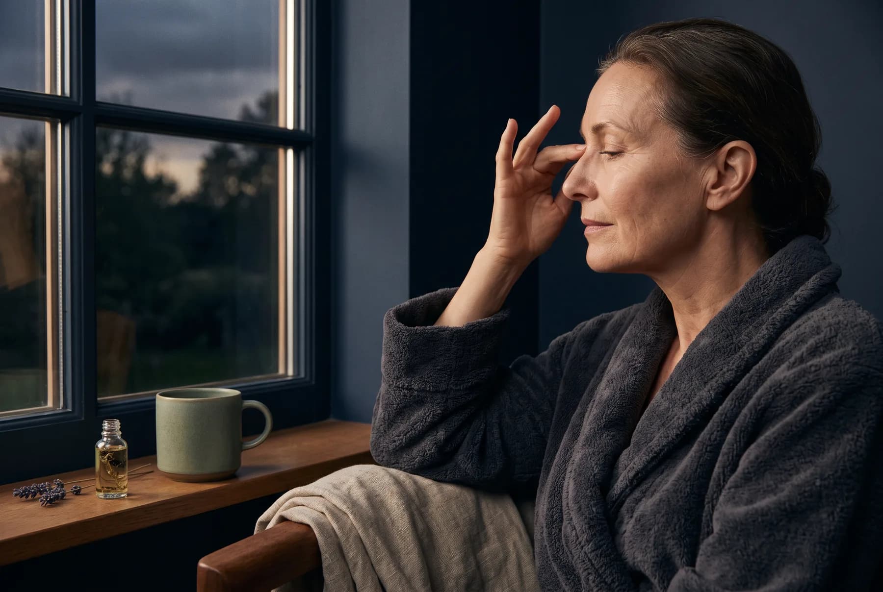 Mature adult in a quiet evening setting illustrating a careful nighttime eye-care routine