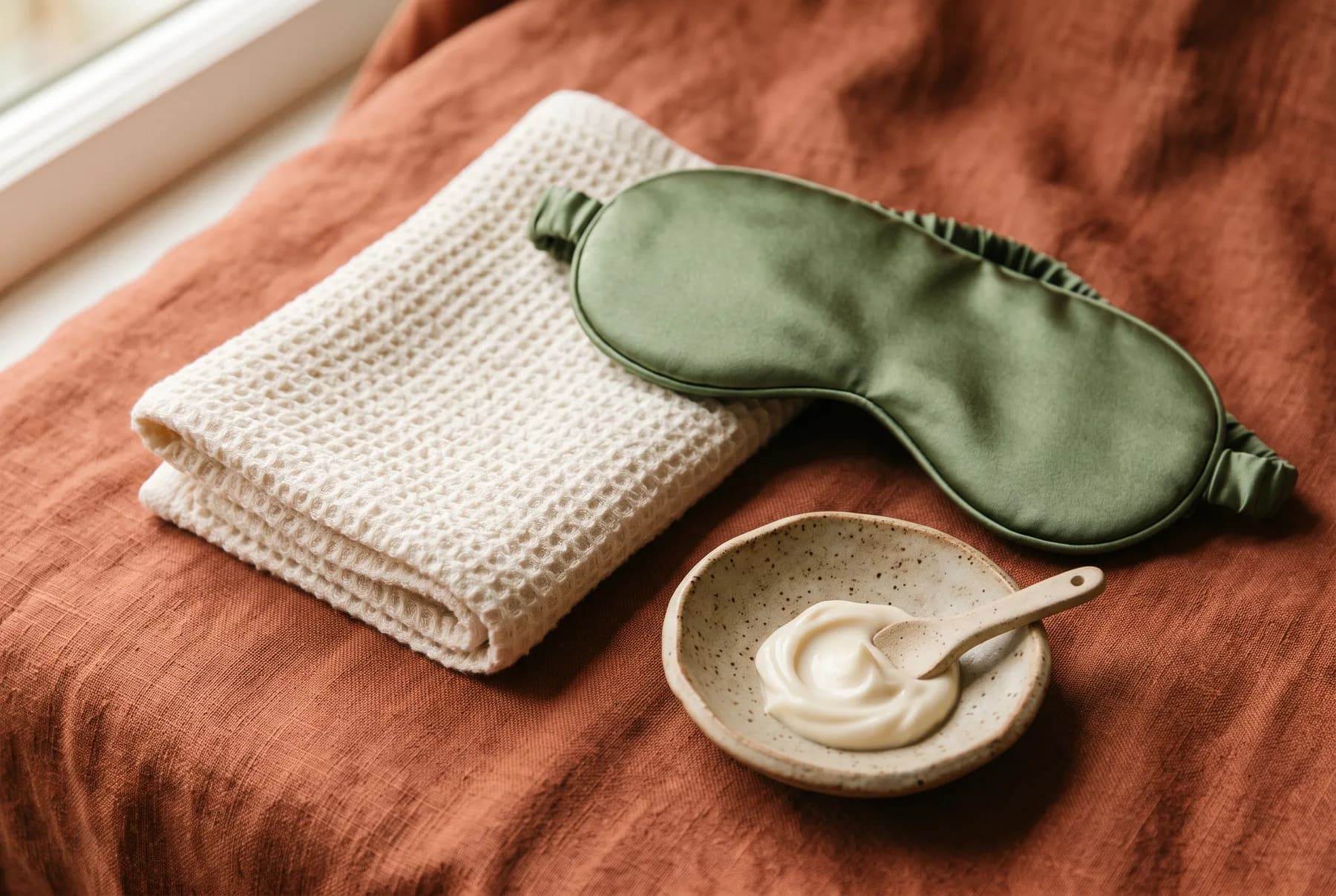 Eye-care accessories and a small swirl of cream in a warm tactile still life