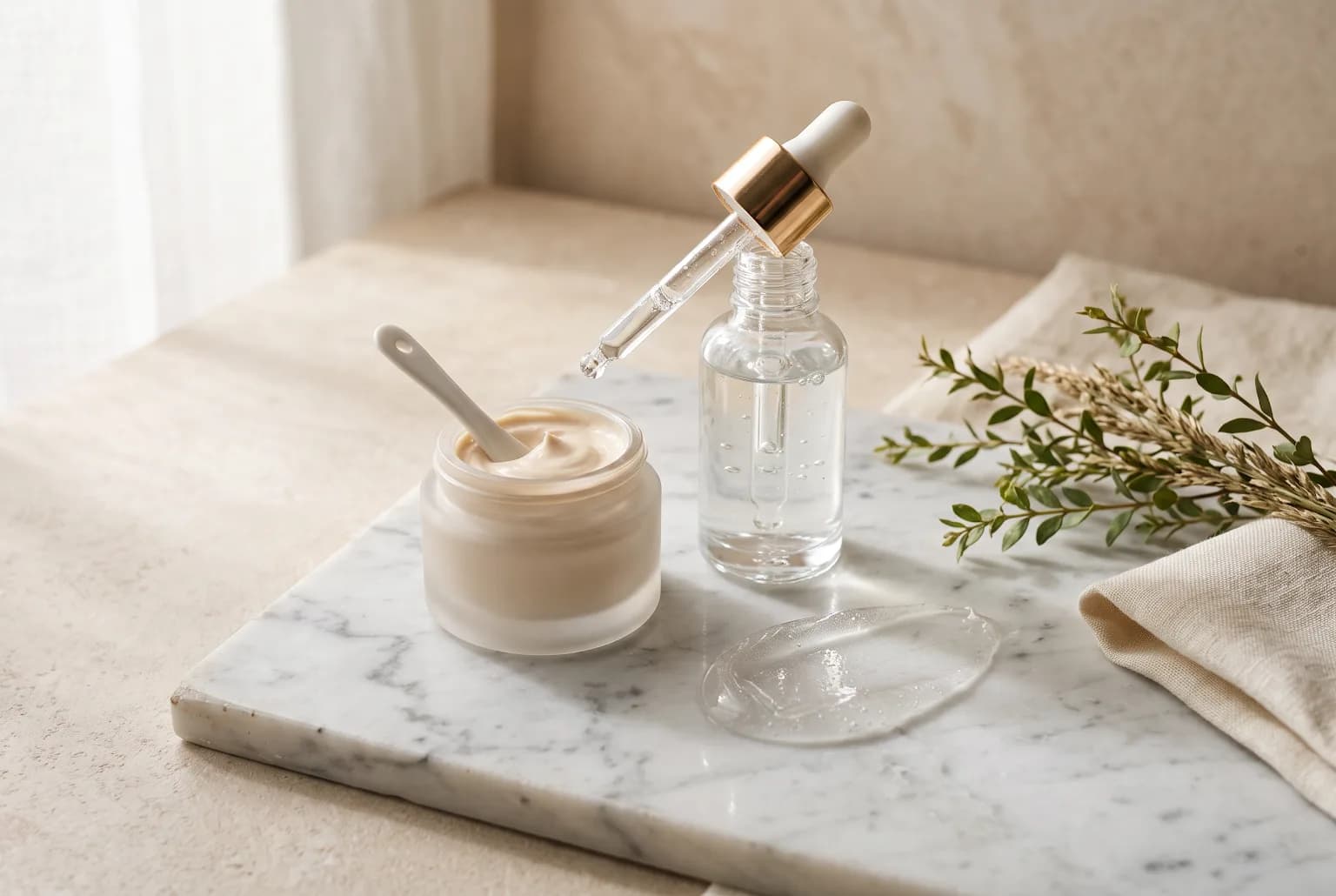 Flat-lay hero of three primer textures — cream jar, dropper bottle, and silicone smear on marble
