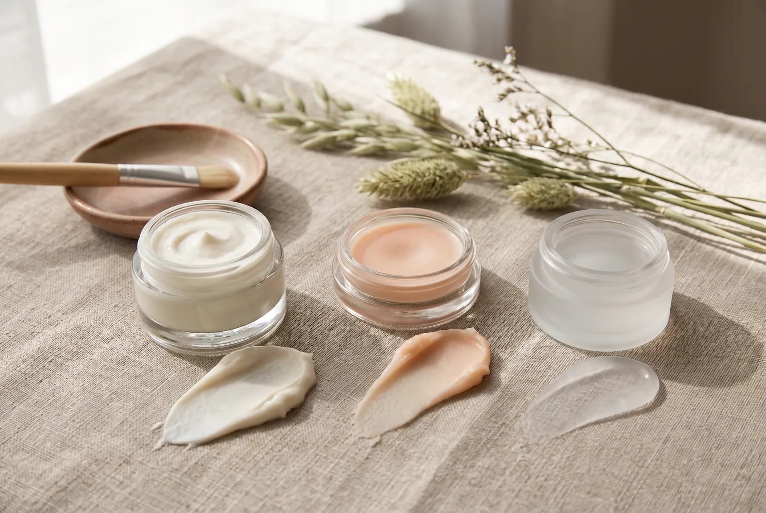 Three primer swatches and tubes on linen