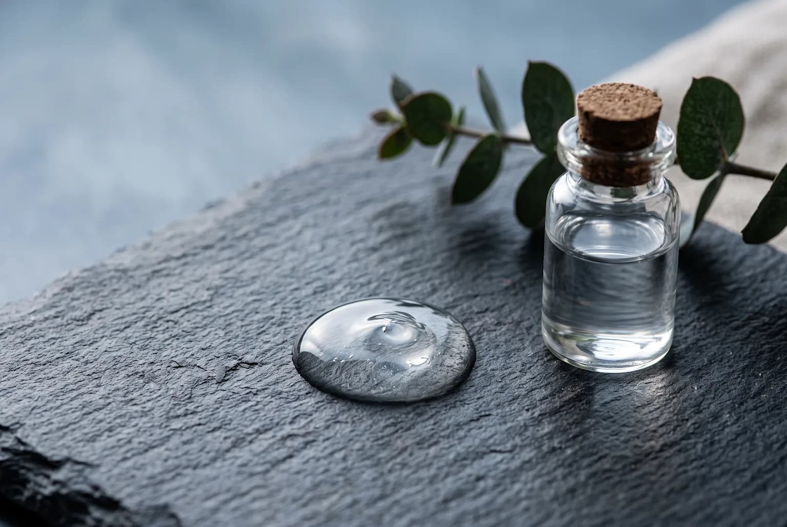Gel cleanser droplet beside glycerin vial on slate