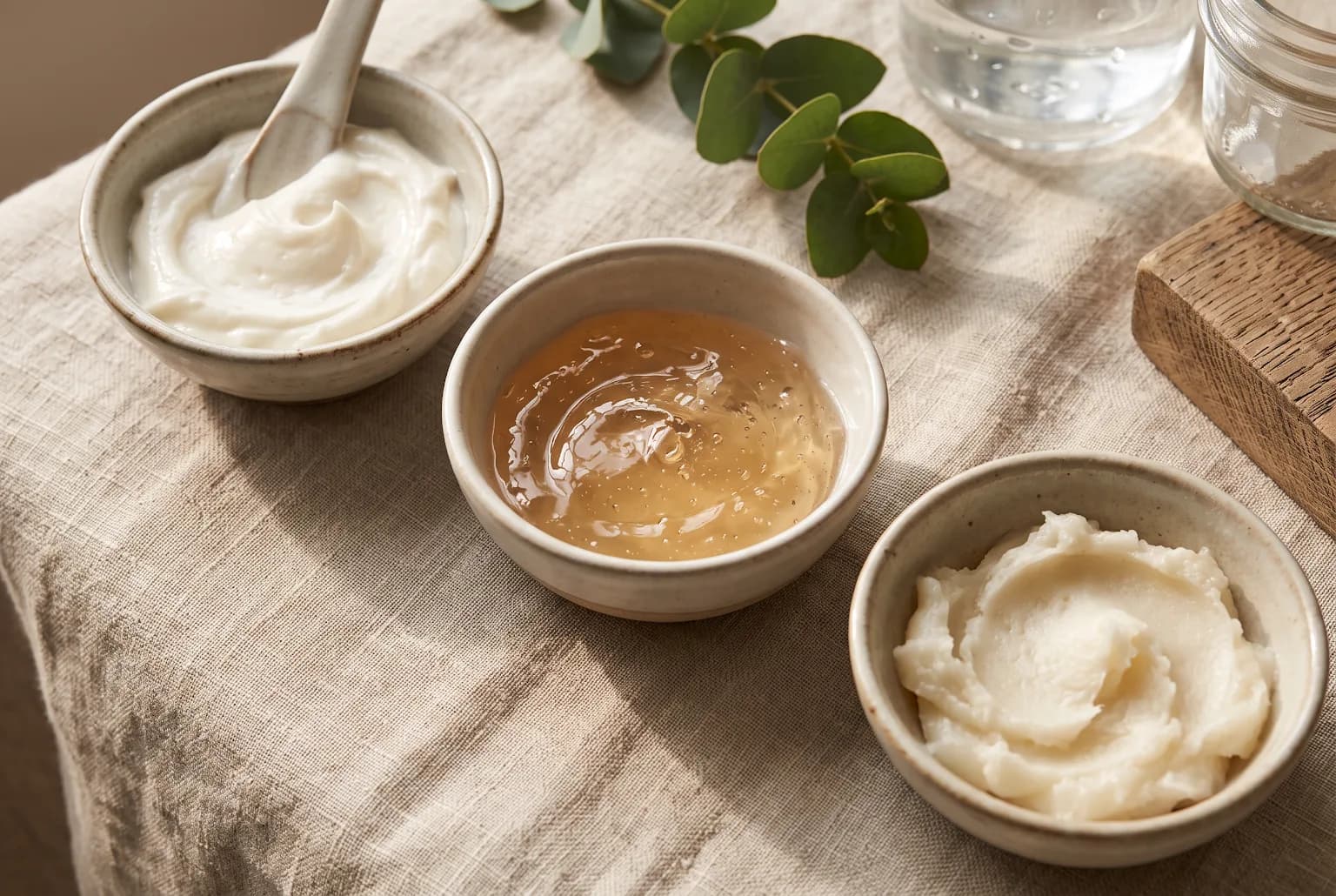 Three bowls showing cream, gel, and balm cleanser textures on linen