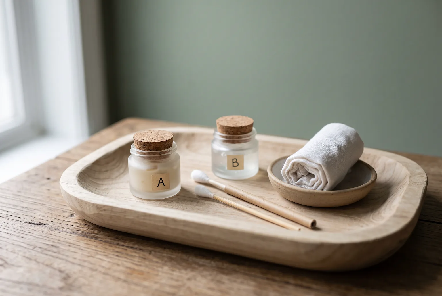 Patch-test kit with small sample pots and cotton swab on wooden tray