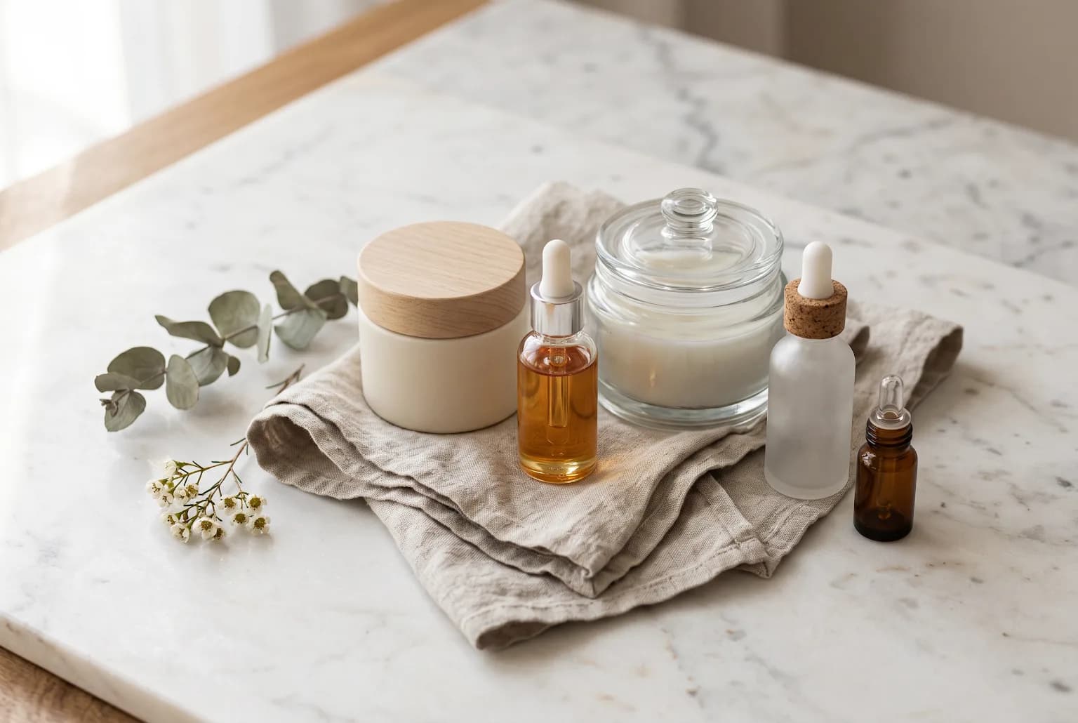 Editorial still life of jars and droppers on marble, soft morning light