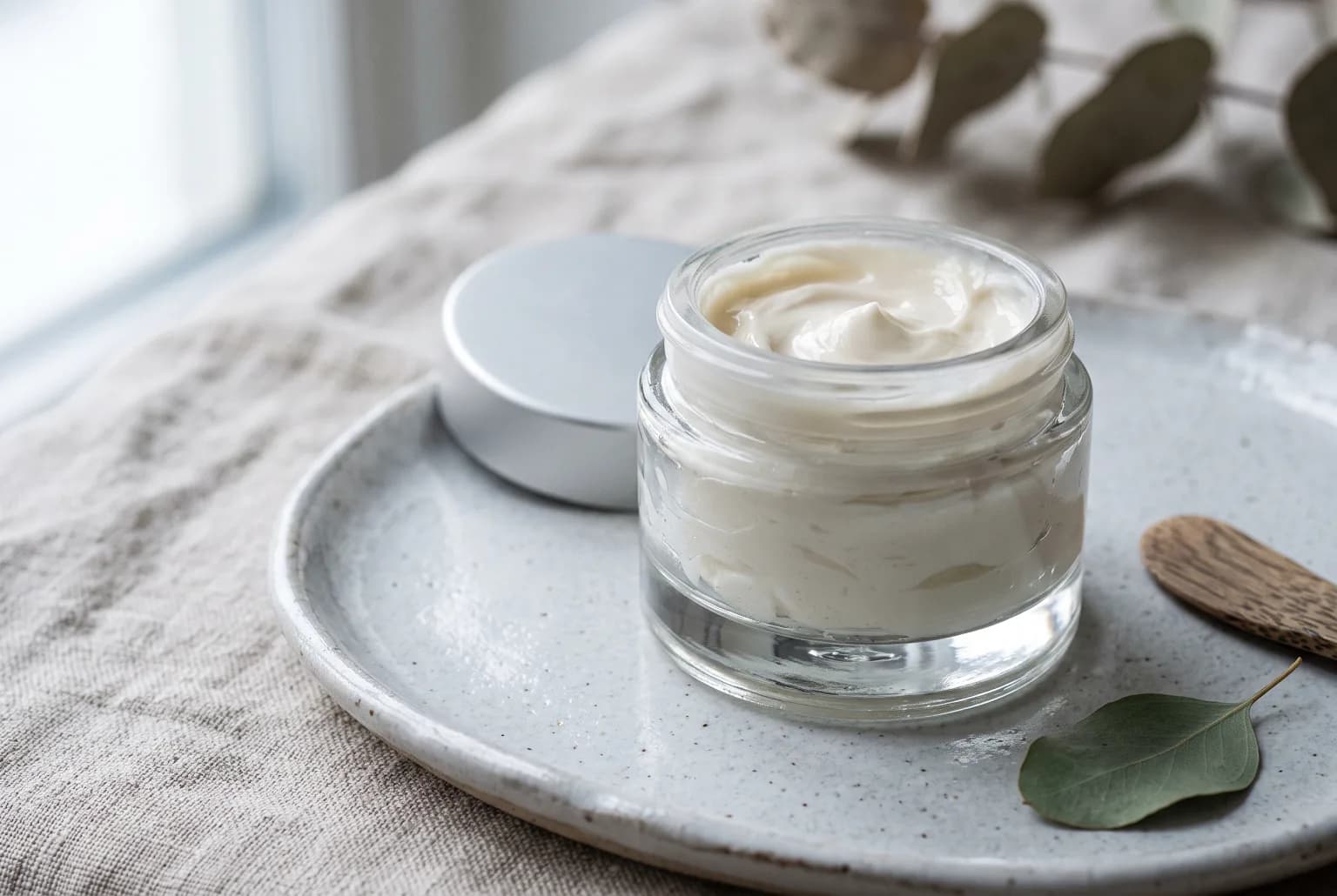Close-up of open cream jar showing thick cream texture on ceramic tray