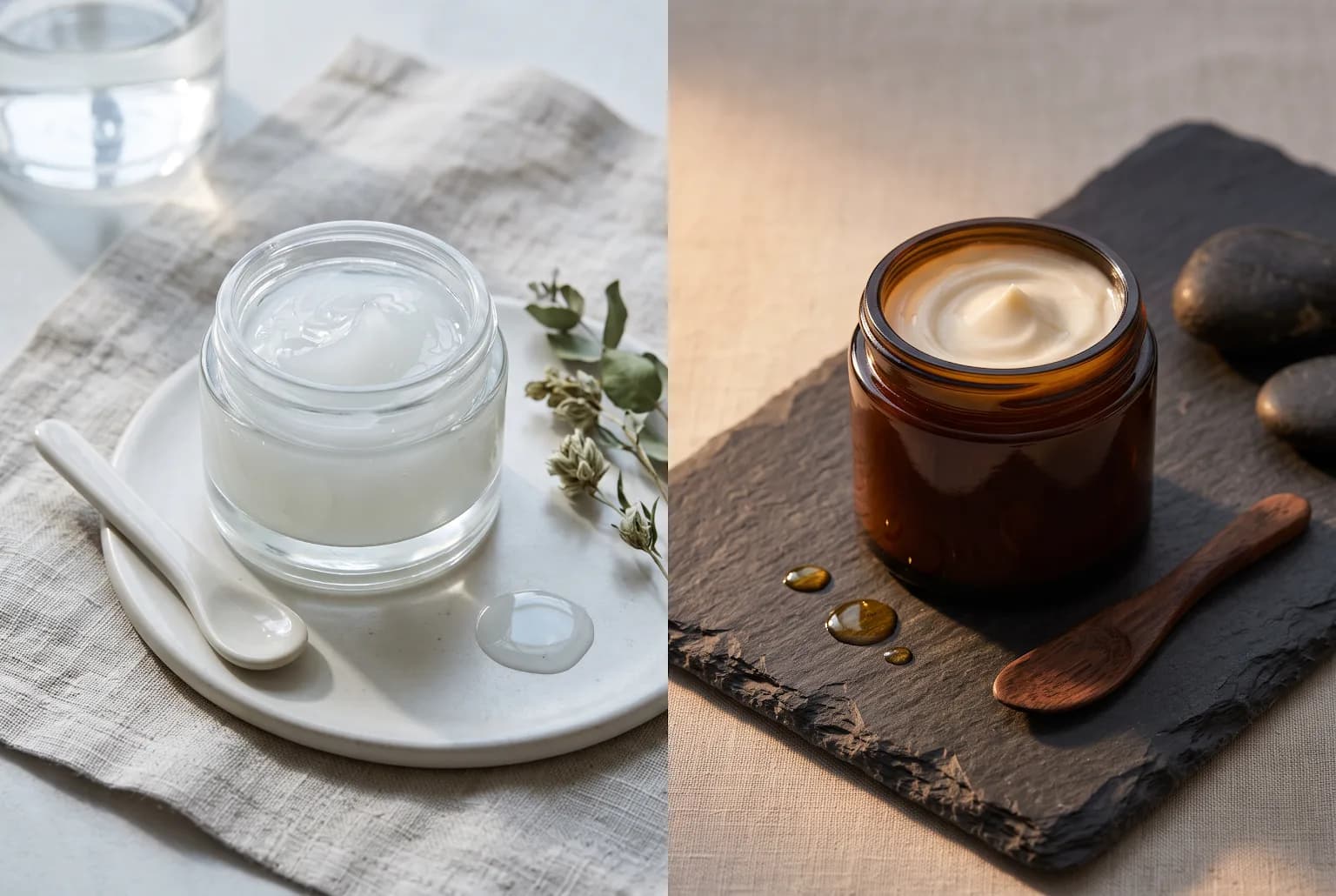 Top-down of sunscreen tube, light cream jar, and cotton cloth in bright daylight