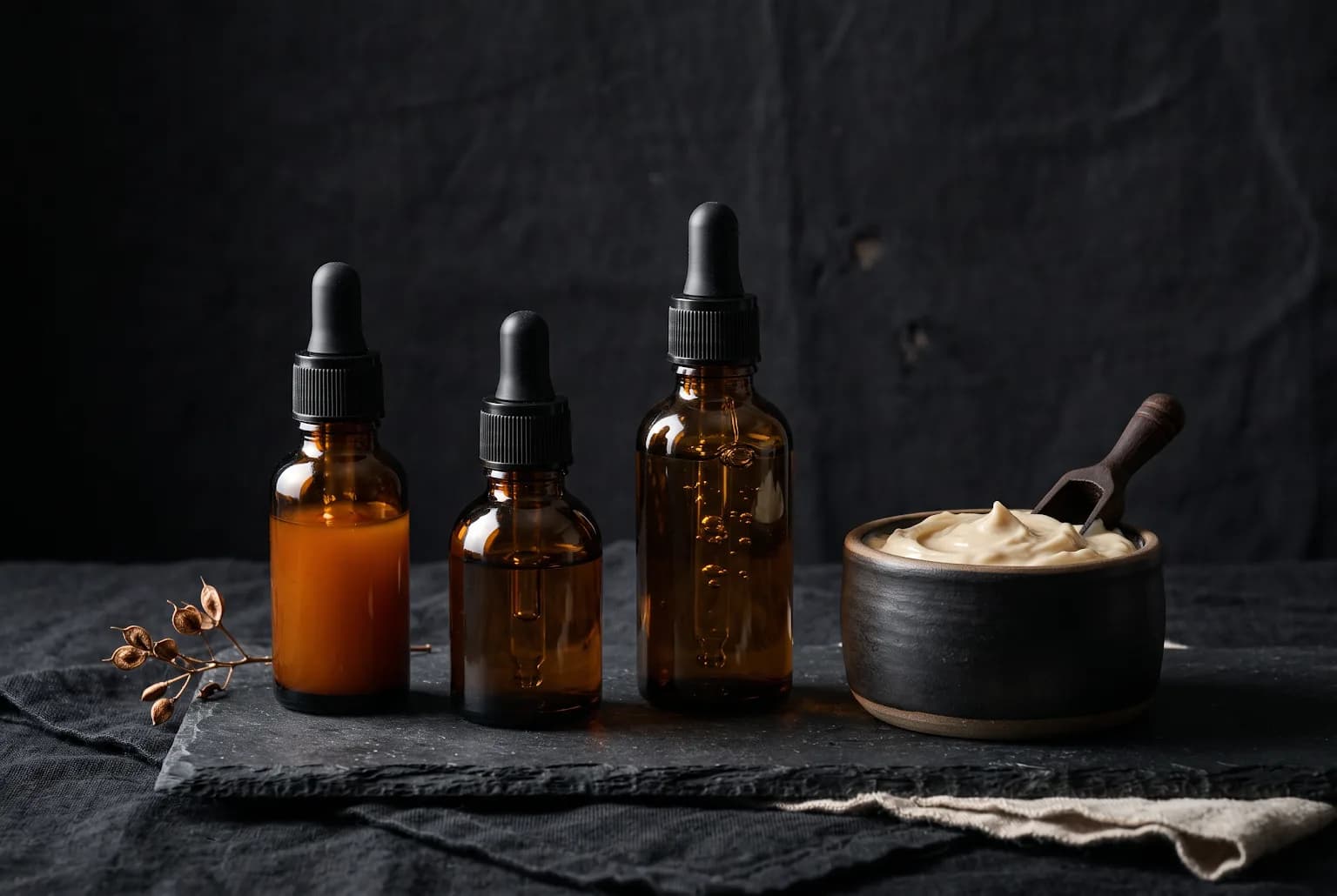 Amber glass serums beside a rich cream pot on a dark background